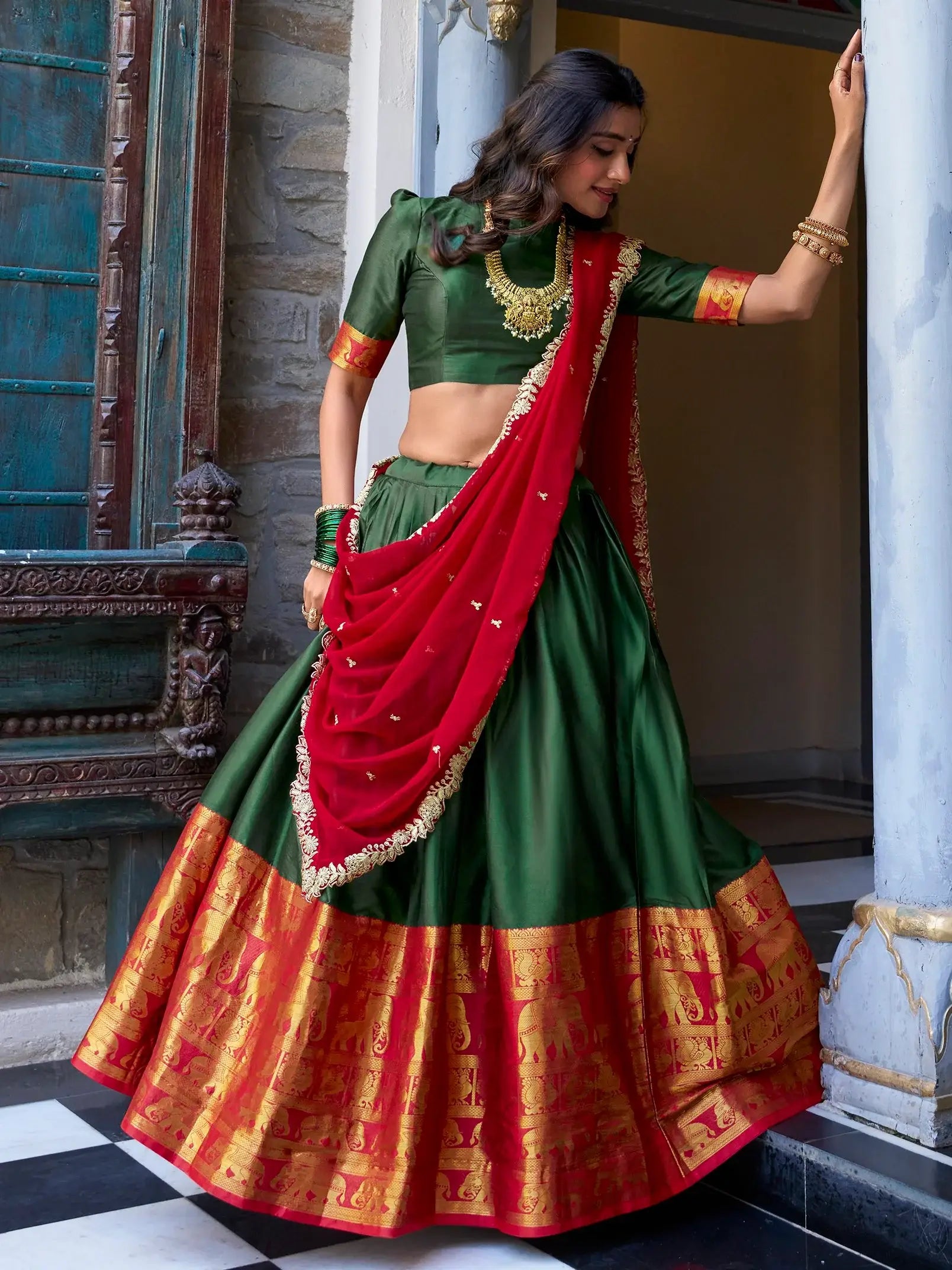 Gorgeous Green Zari Weaving Silk Traditional Half Saree Lehenga - Zeel Clothing