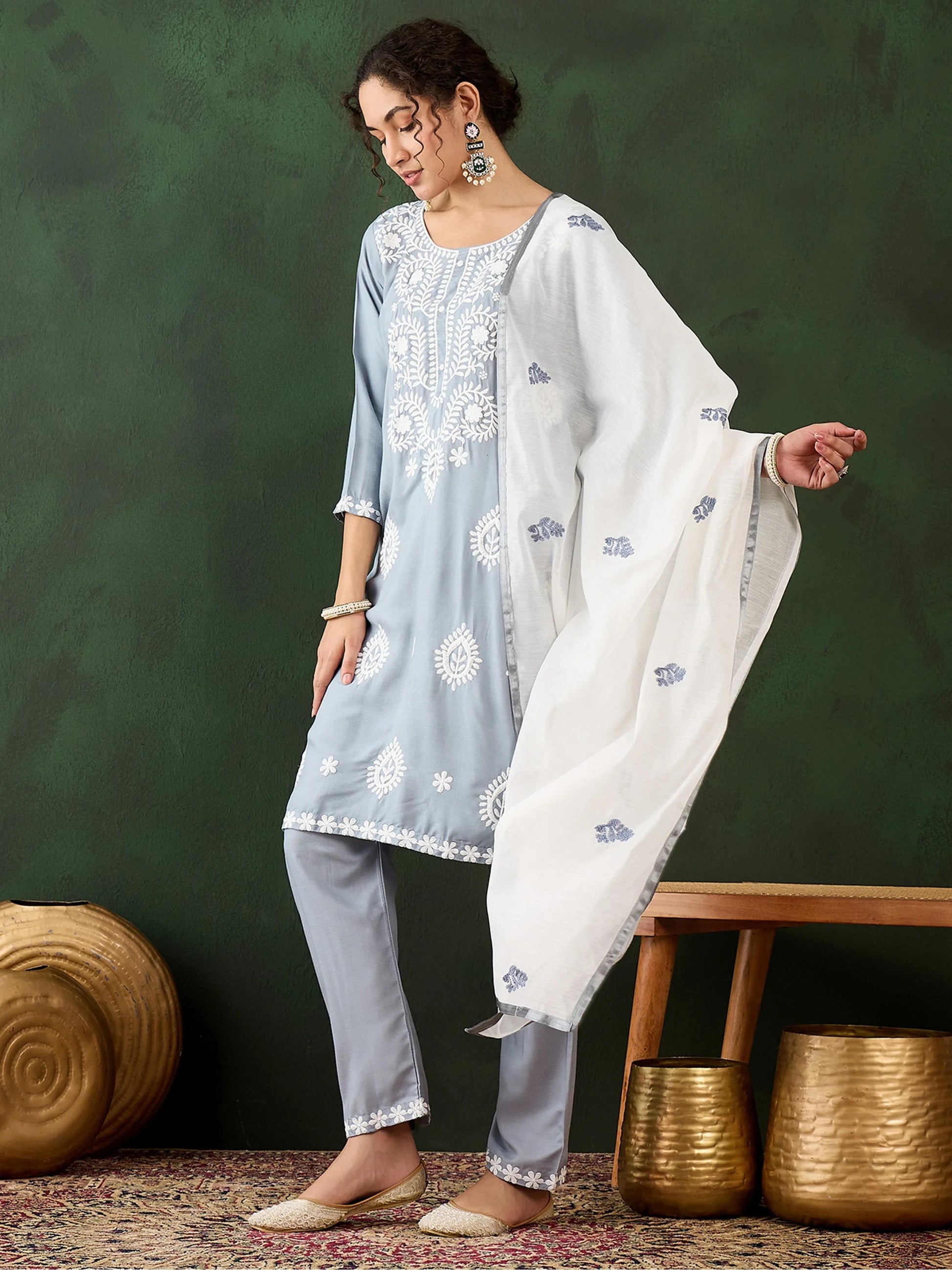 Gorgeous Grey Embroidered Rayon Event Wear Pant Suit With Dupatta - Zeel Clothing