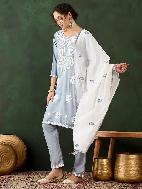 Gorgeous Grey Embroidered Rayon Event Wear Pant Suit With Dupatta - Zeel Clothing