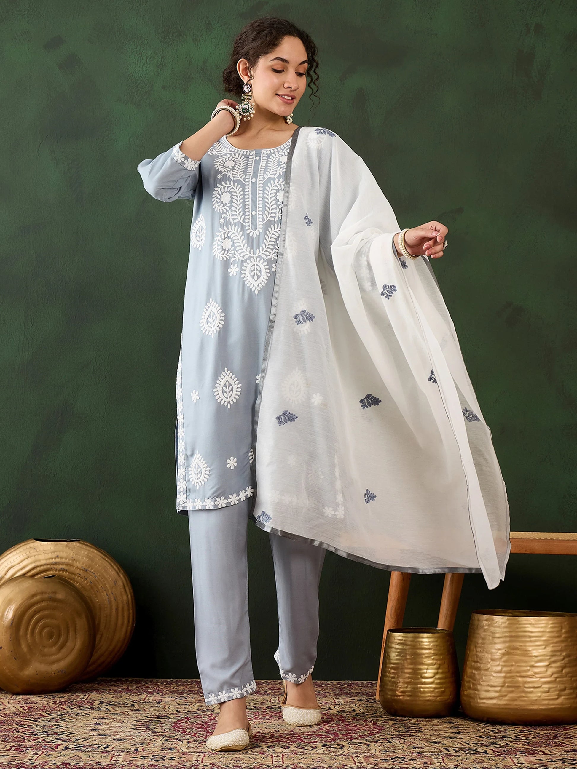 Gorgeous Grey Embroidered Rayon Event Wear Pant Suit With Dupatta - Zeel Clothing