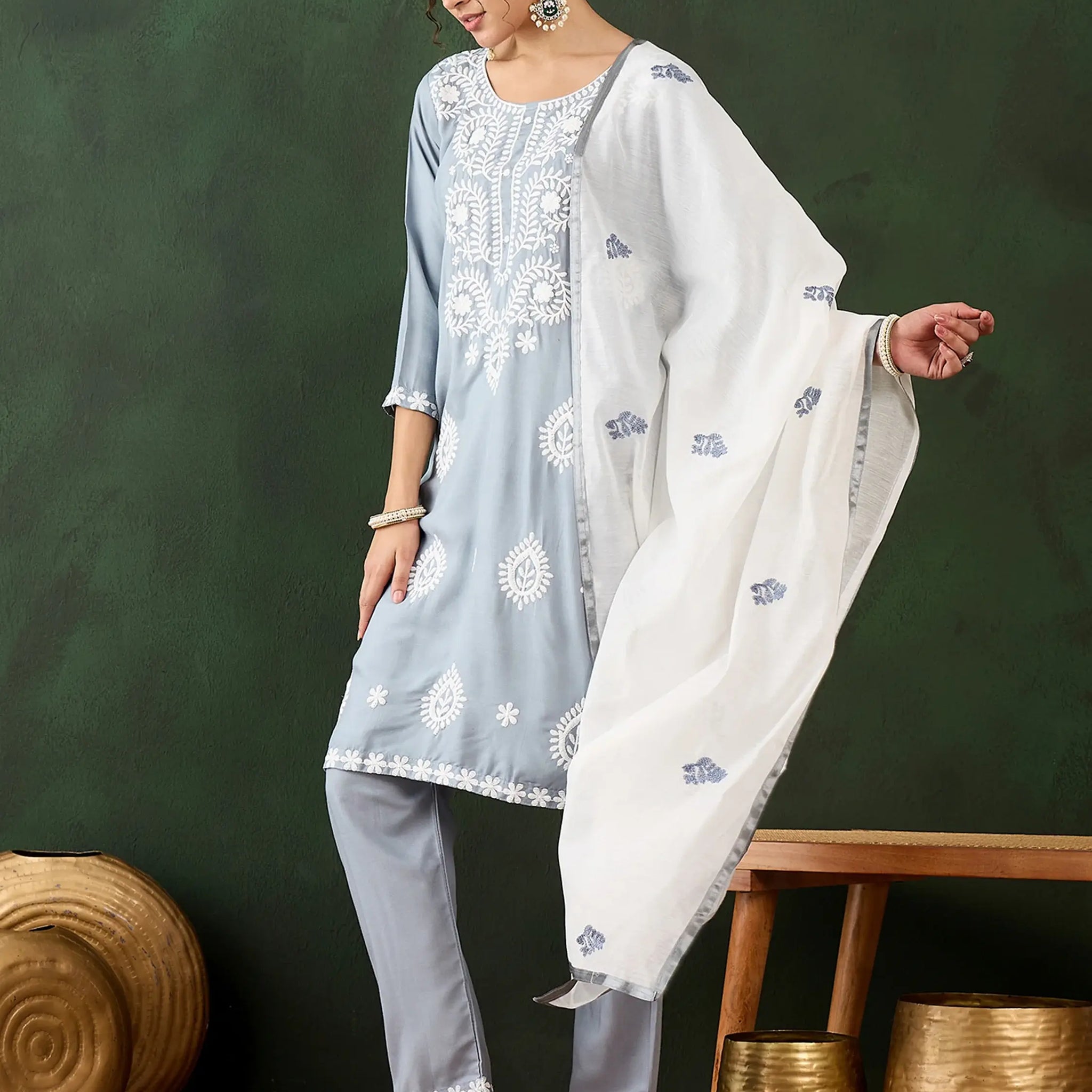 Gorgeous Grey Embroidered Rayon Event Wear Pant Suit With Dupatta - Zeel Clothing