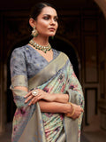 Gorgeous Grey Floral Printed Silk Casual Wear Saree With Blouse - Zeel Clothing