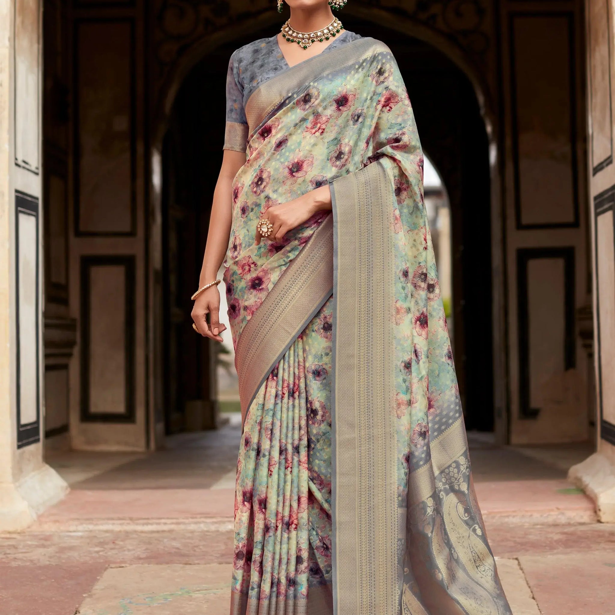 Gorgeous Grey Floral Printed Silk Casual Wear Saree With Blouse - Zeel Clothing