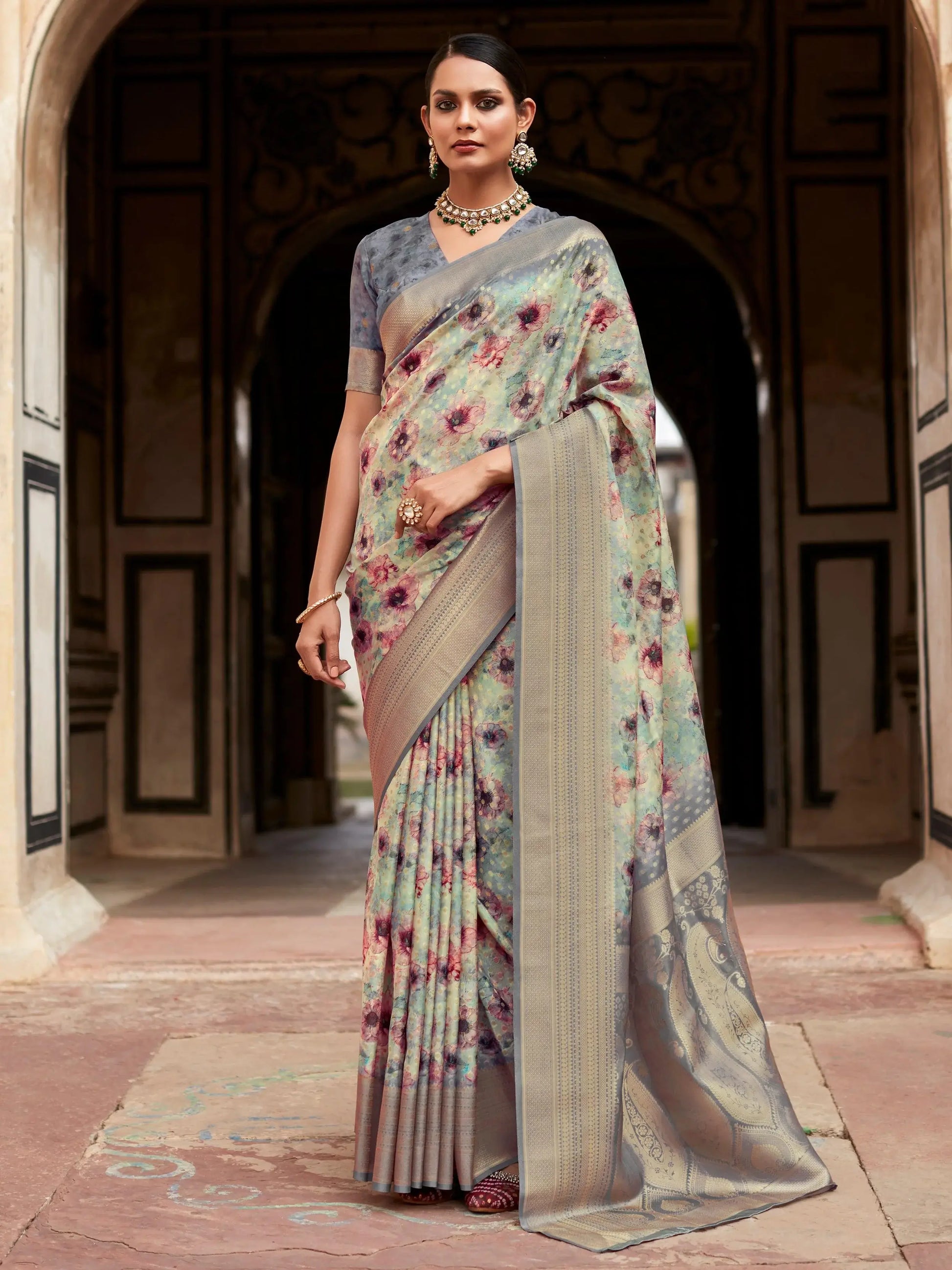 Gorgeous Grey Floral Printed Silk Casual Wear Saree With Blouse - Zeel Clothing