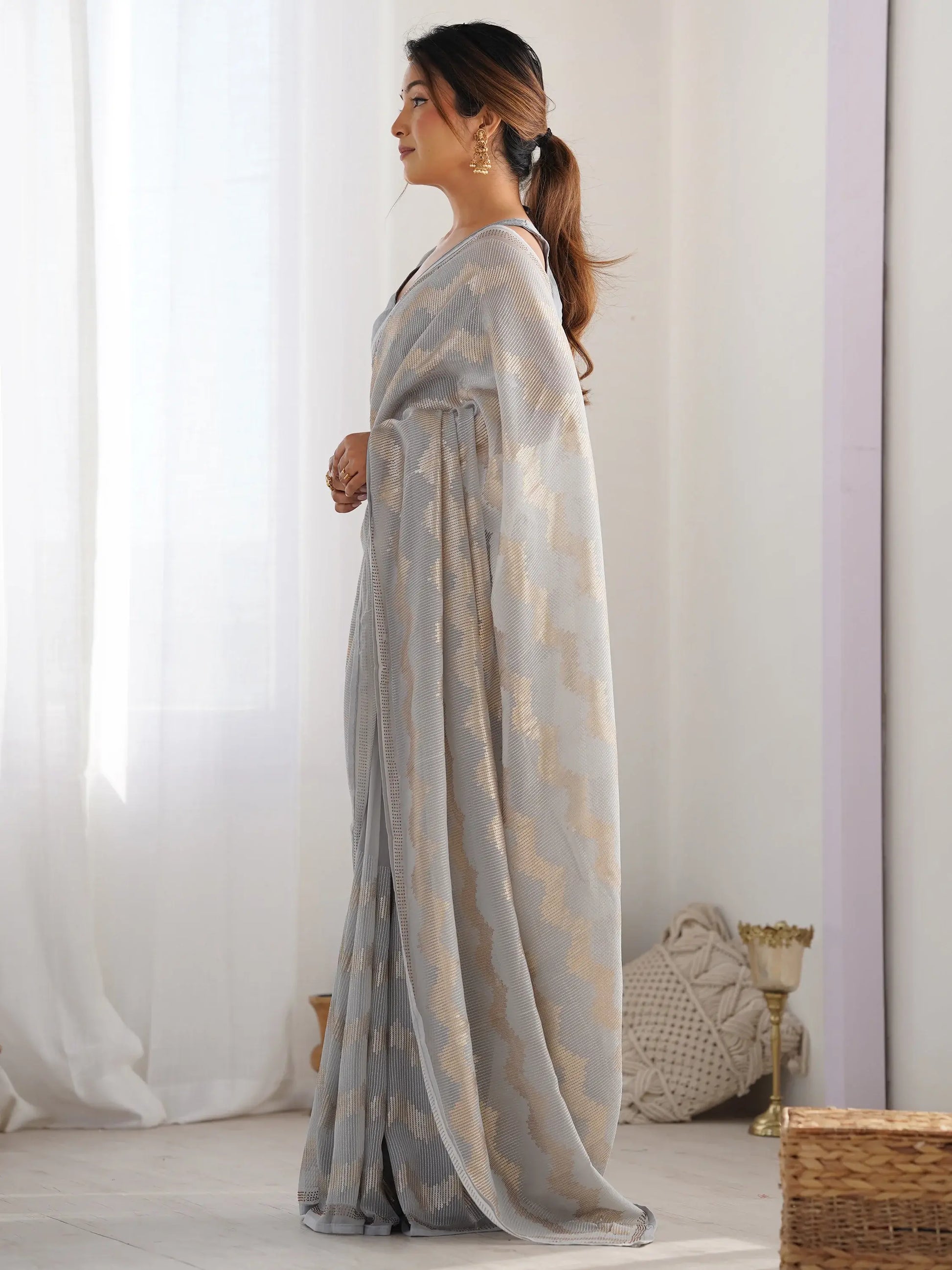 Gorgeous Grey Sequins Georgette Party Wear Saree With Blouse - Zeel Clothing