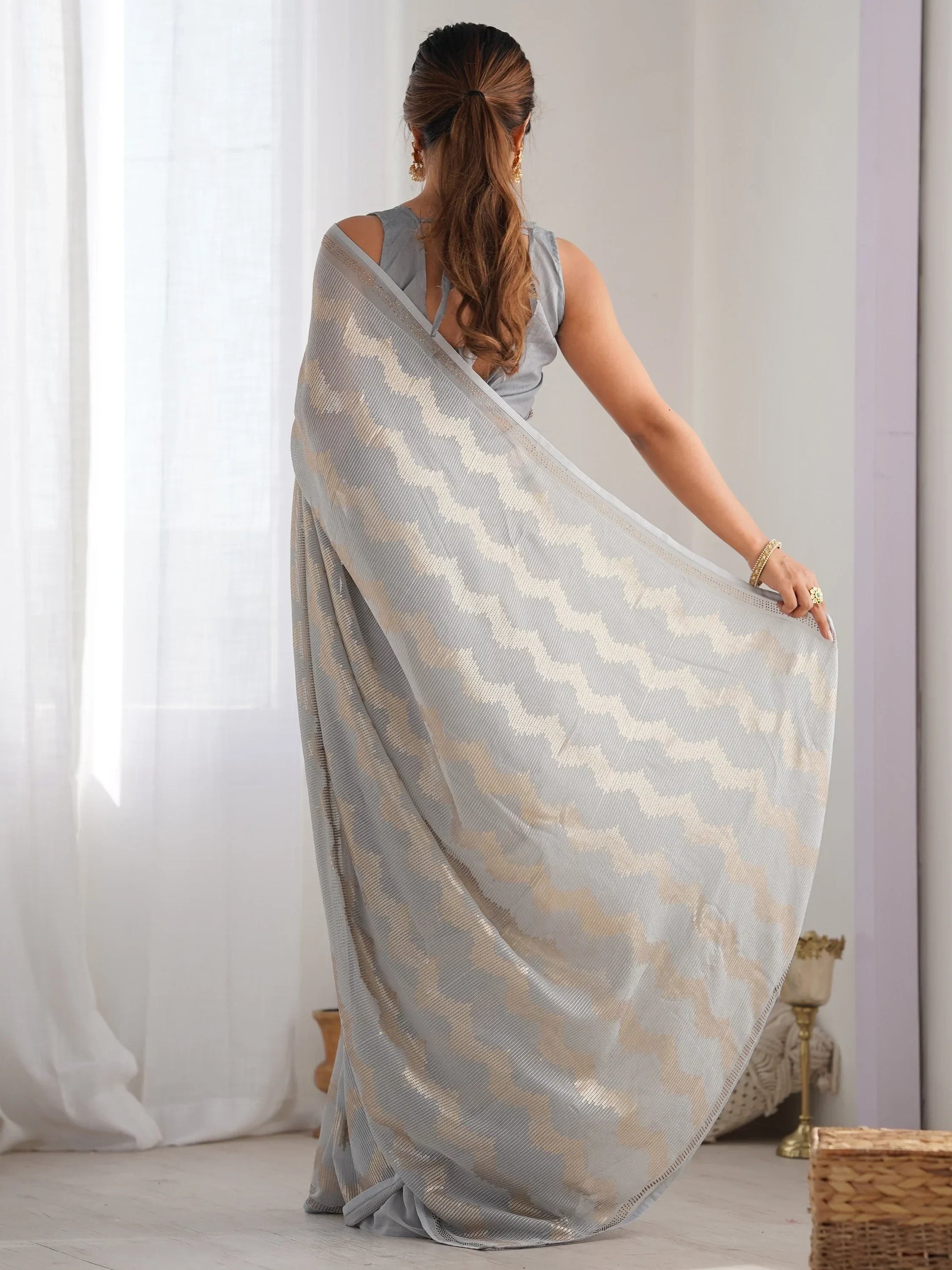 Gorgeous Grey Sequins Georgette Party Wear Saree With Blouse - Zeel Clothing