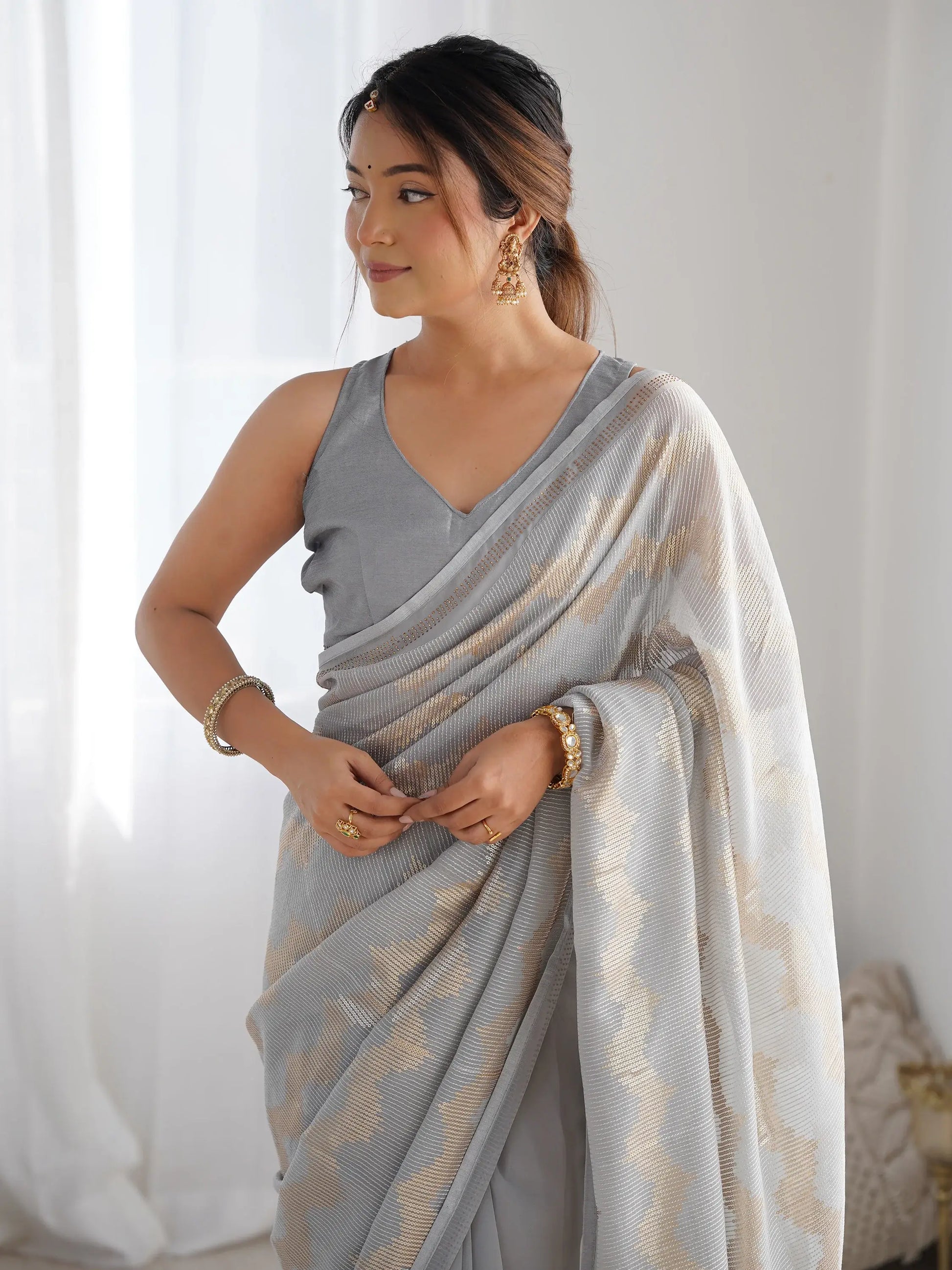 Gorgeous Grey Sequins Georgette Party Wear Saree With Blouse - Zeel Clothing