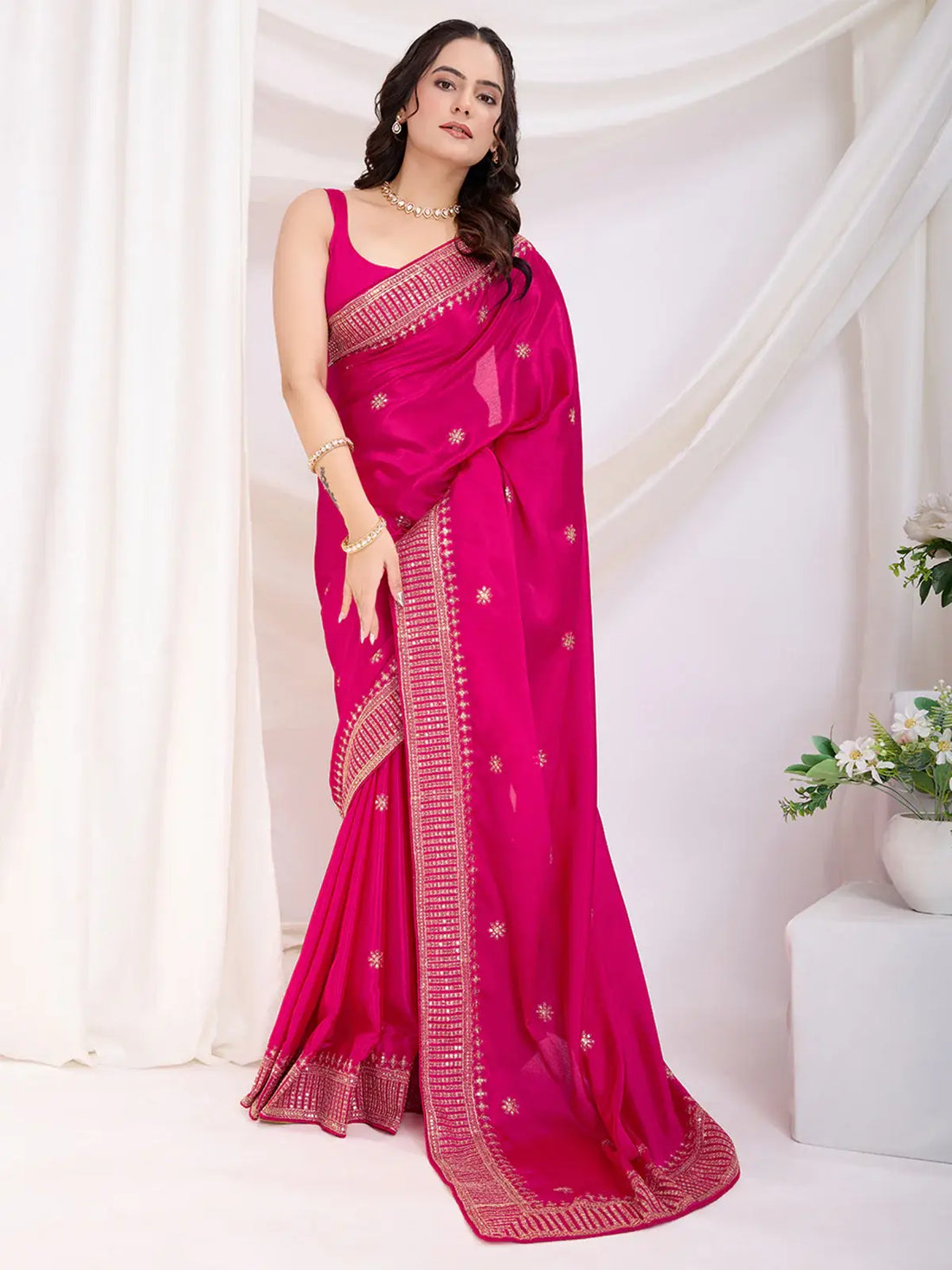 Gorgeous Hot Pink Heavy Zari Embroidered Chinon Silk Festive Wear Saree - Zeel Clothing