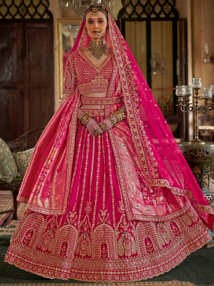 Gorgeous Hot Pink Pearl Work Silk Bridal Lehenga Choli With Double Dupatta