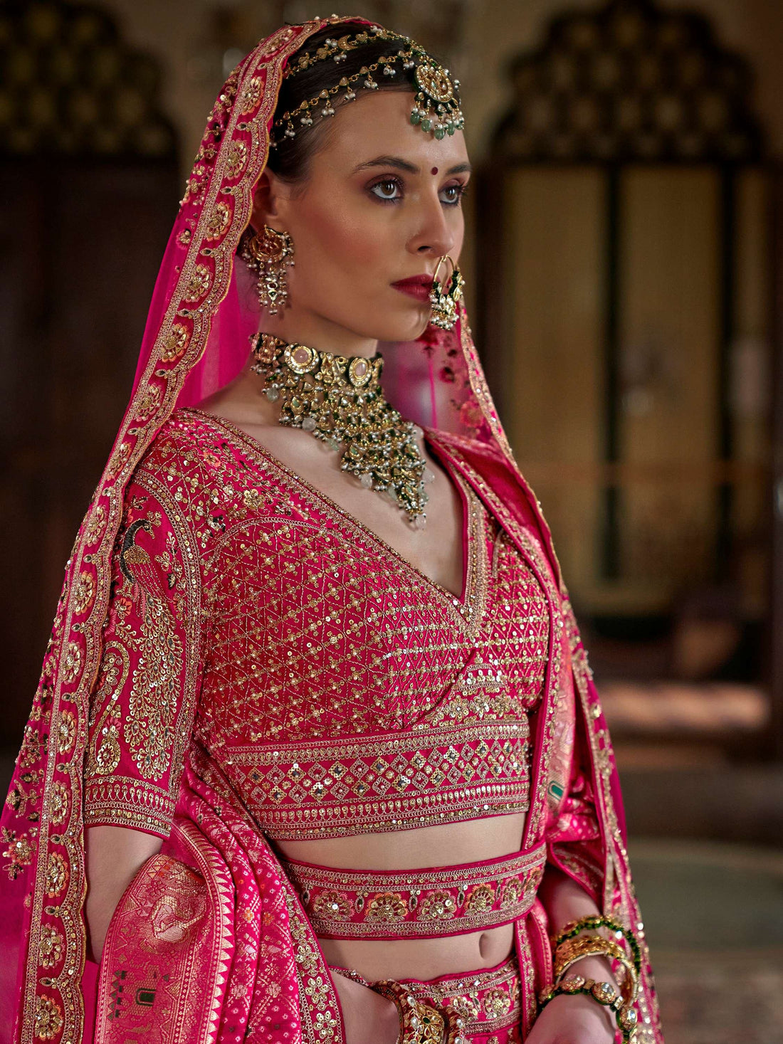Gorgeous Hot Pink Pearl Work Silk Bridal Lehenga Choli With Double Dupatta