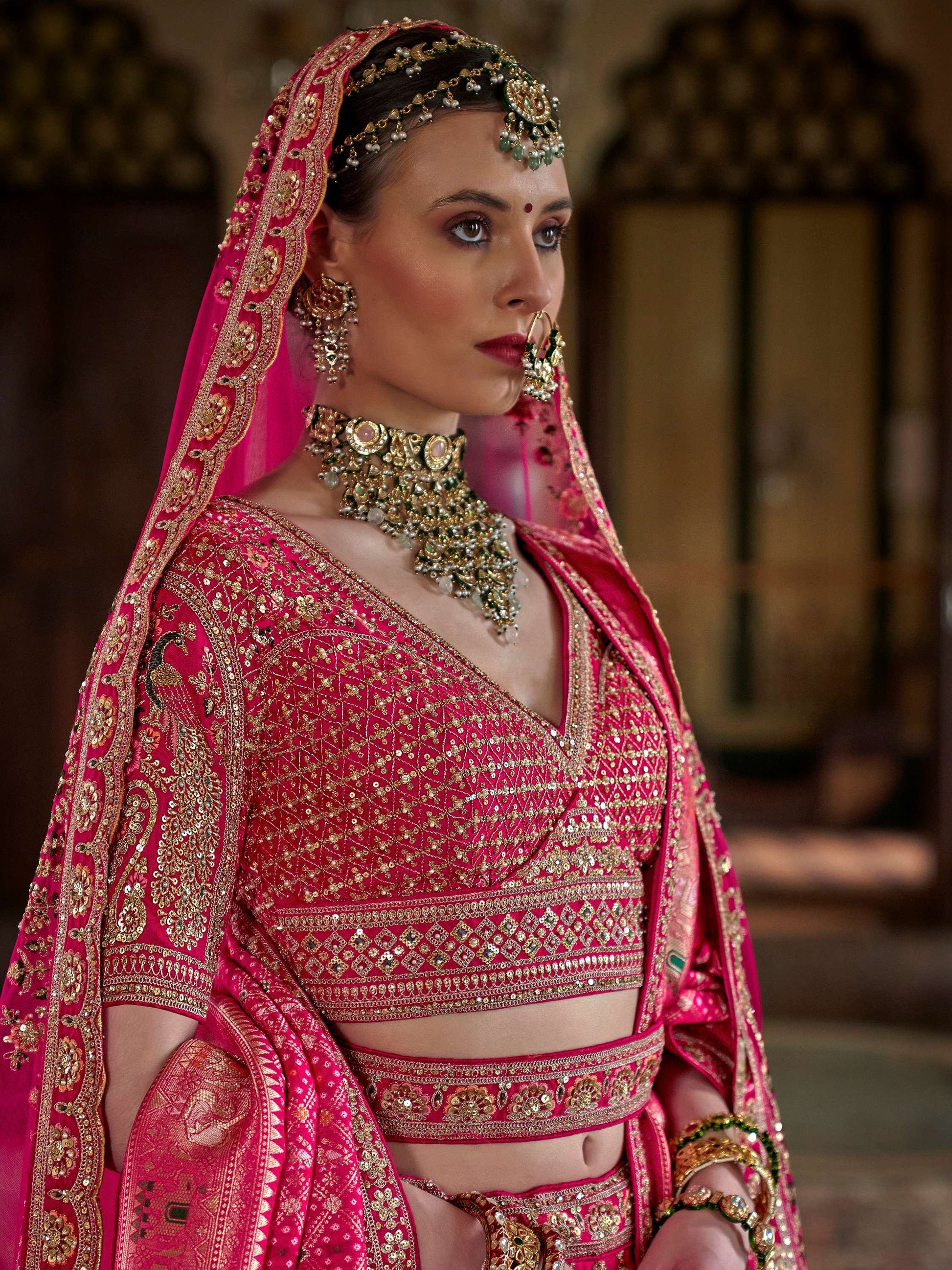 Gorgeous Hot Pink Pearl Work Silk Bridal Lehenga Choli With Double Dupatta