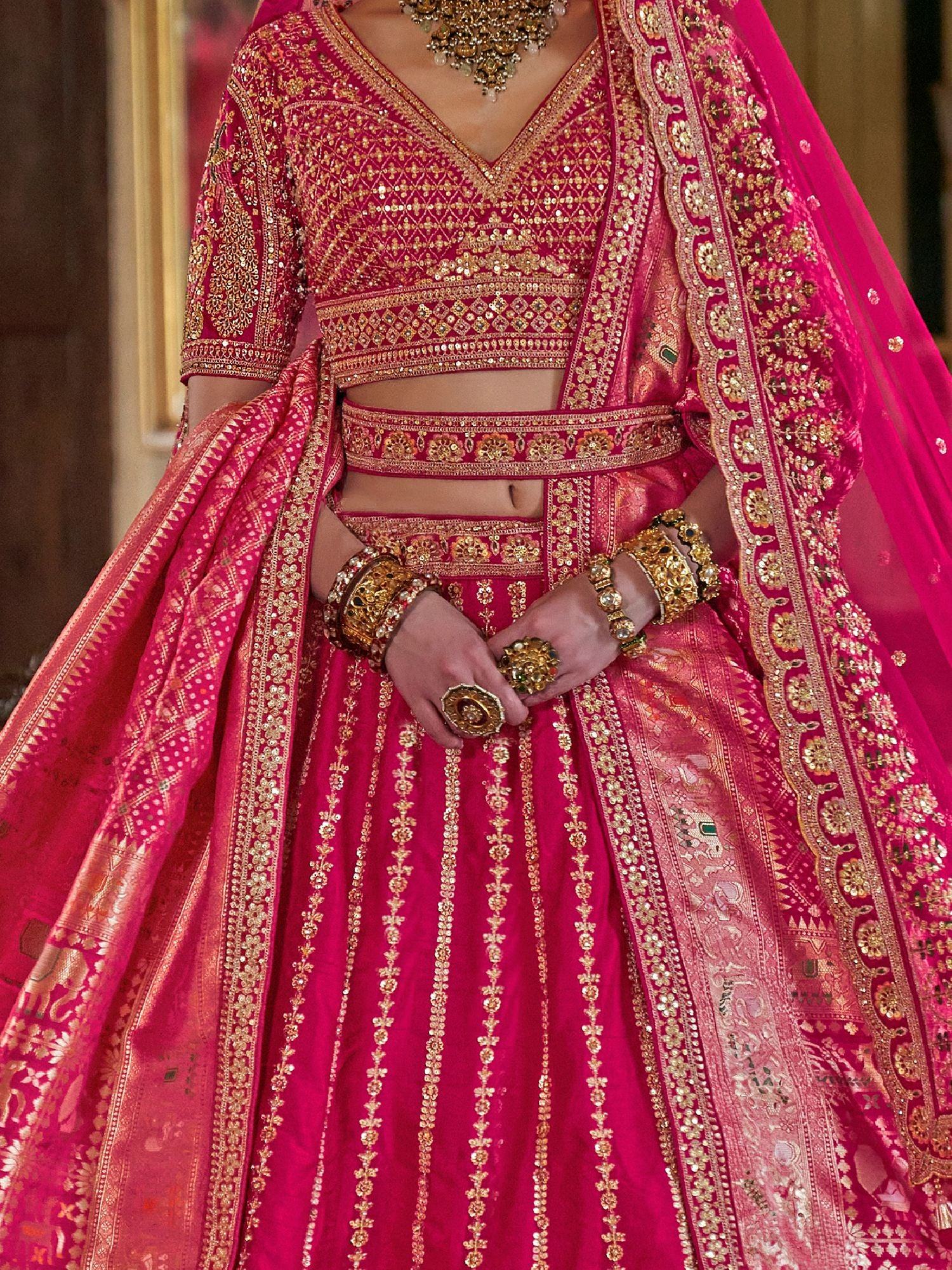 Gorgeous Hot Pink Pearl Work Silk Bridal Lehenga Choli With Double Dupatta