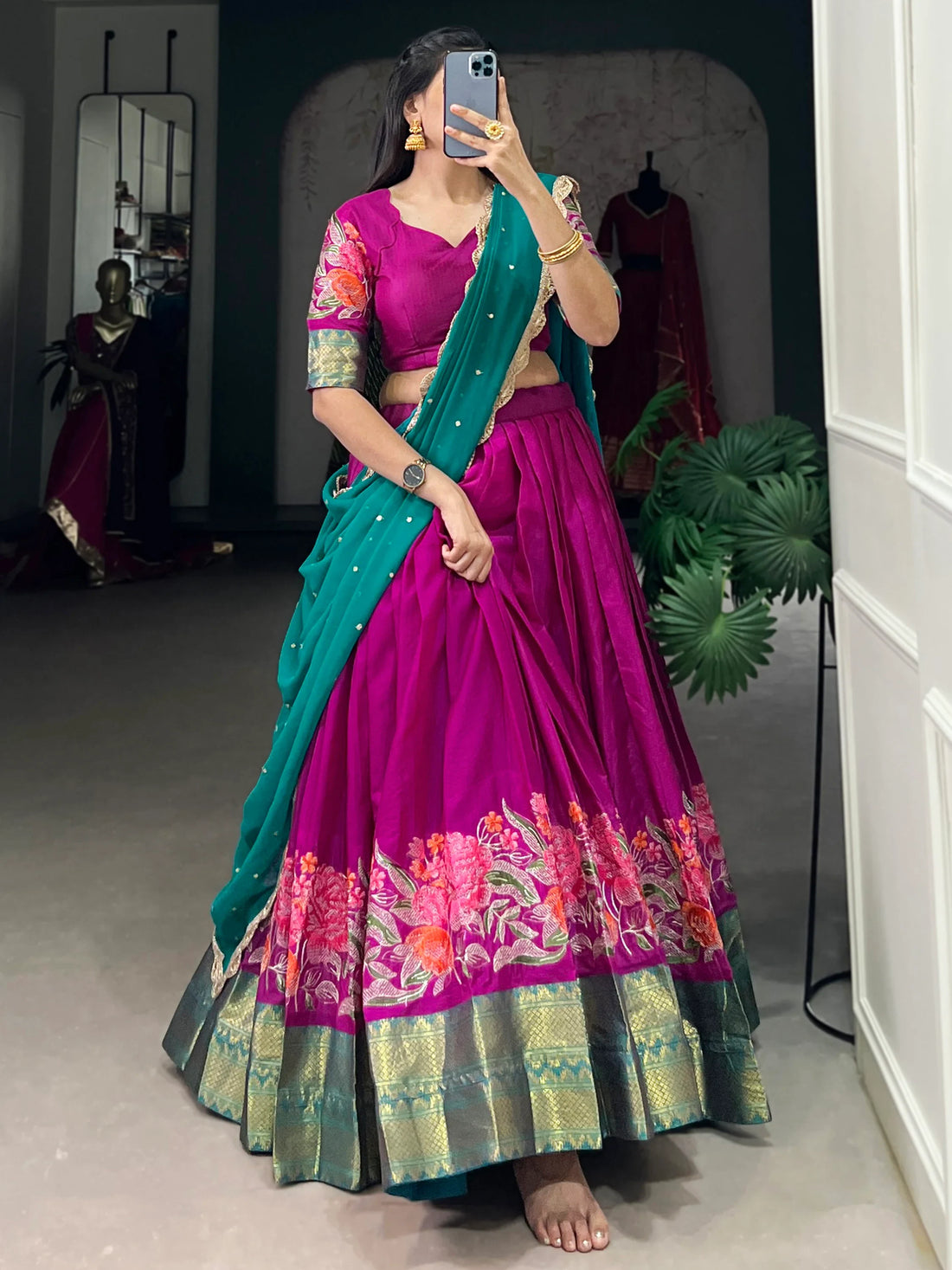 Gorgeous Hot Pink Thread Work Cotton Festive Wear Half Saree Lehenga - Zeel Clothing