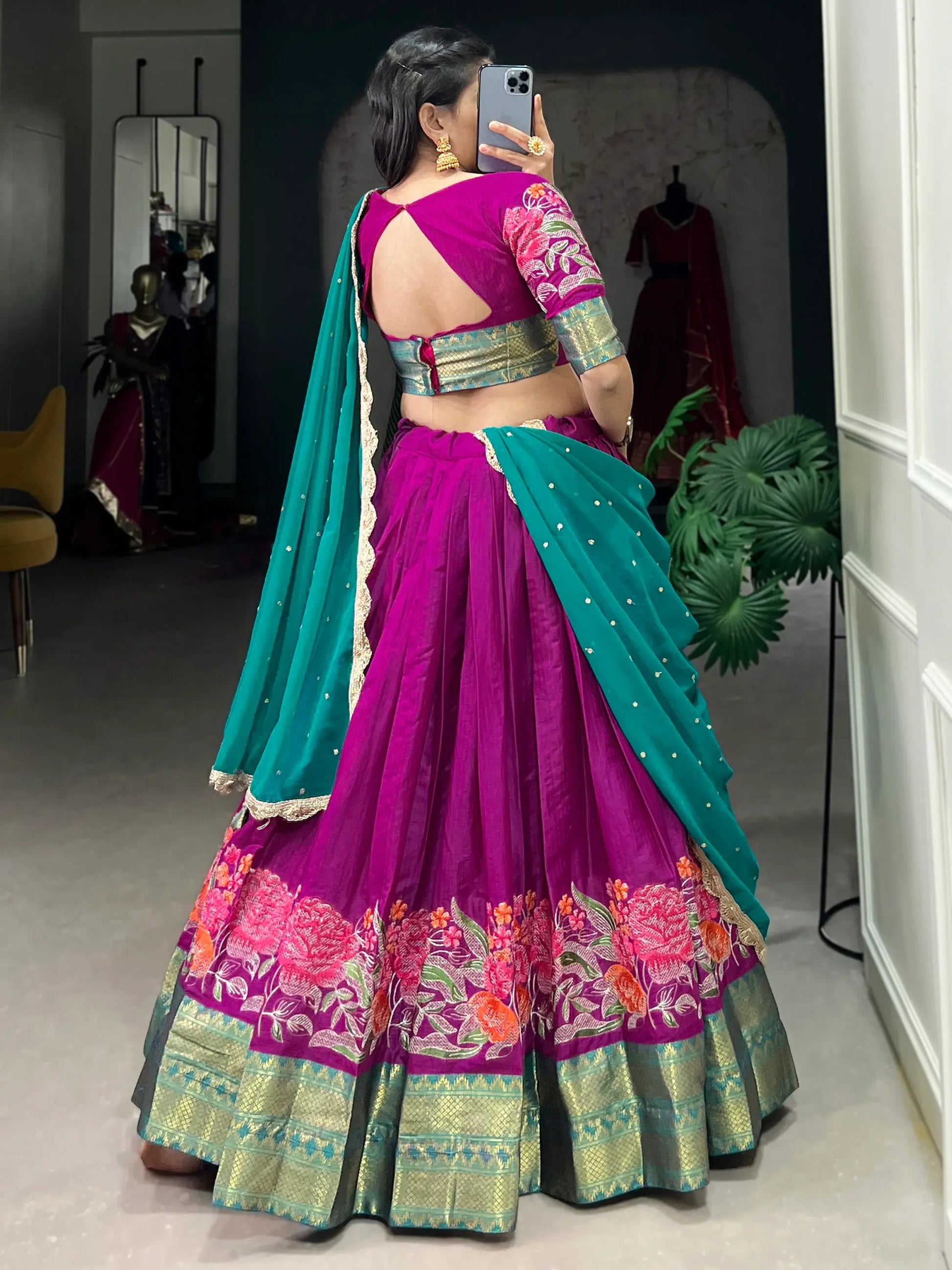 Gorgeous Hot Pink Thread Work Cotton Festive Wear Half Saree Lehenga - Zeel Clothing
