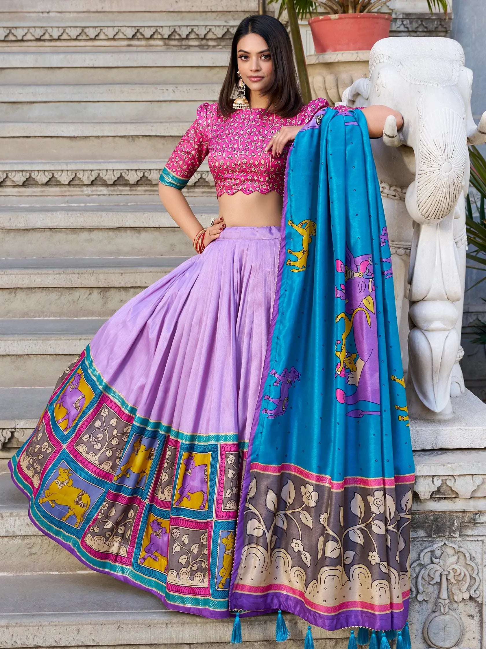 Gorgeous Lavender Kalamkari Print Tussar Silk Lehenga Choli With Dupatta - Zeel Clothing