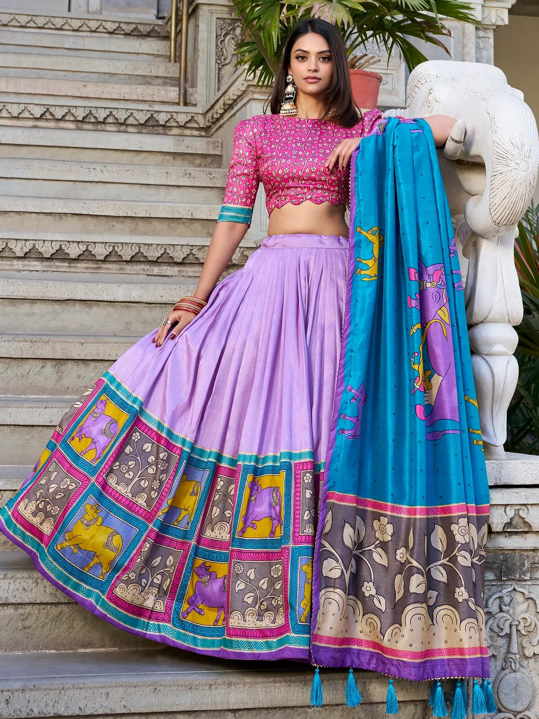 Gorgeous Lavender Kalamkari Print Tussar Silk Lehenga Choli With Dupatta - Zeel Clothing
