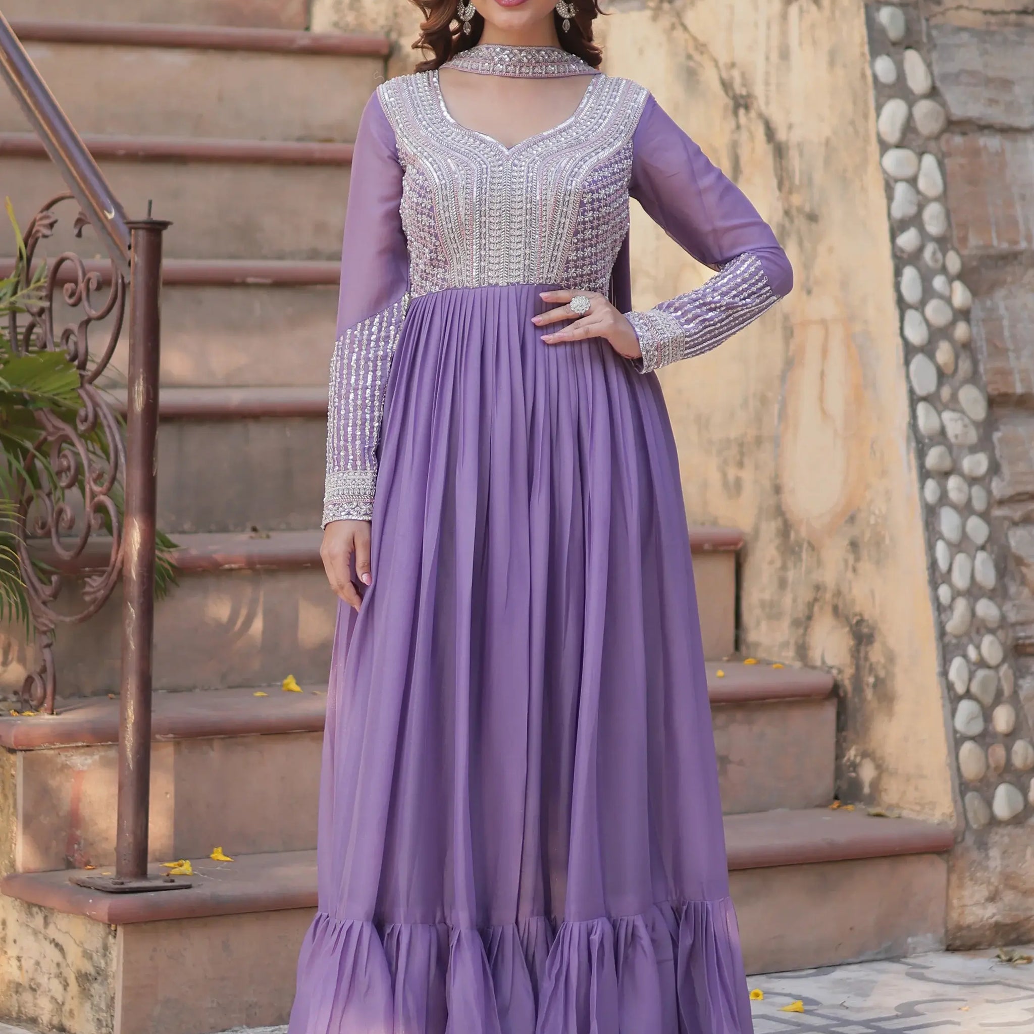 Gorgeous Lavender Sequins Georgette Eid Special Gown With Dupatta - Zeel Clothing