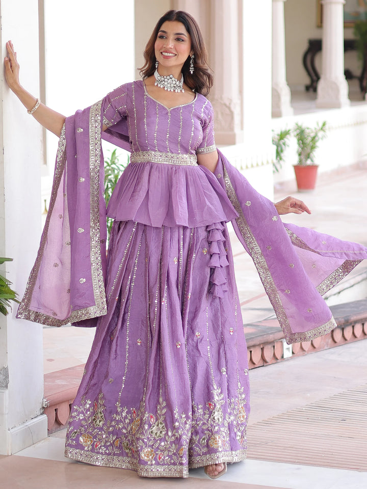 Gorgeous Lavender Sequins Work Crushed Bridesmaid Lehenga With Peplum Top