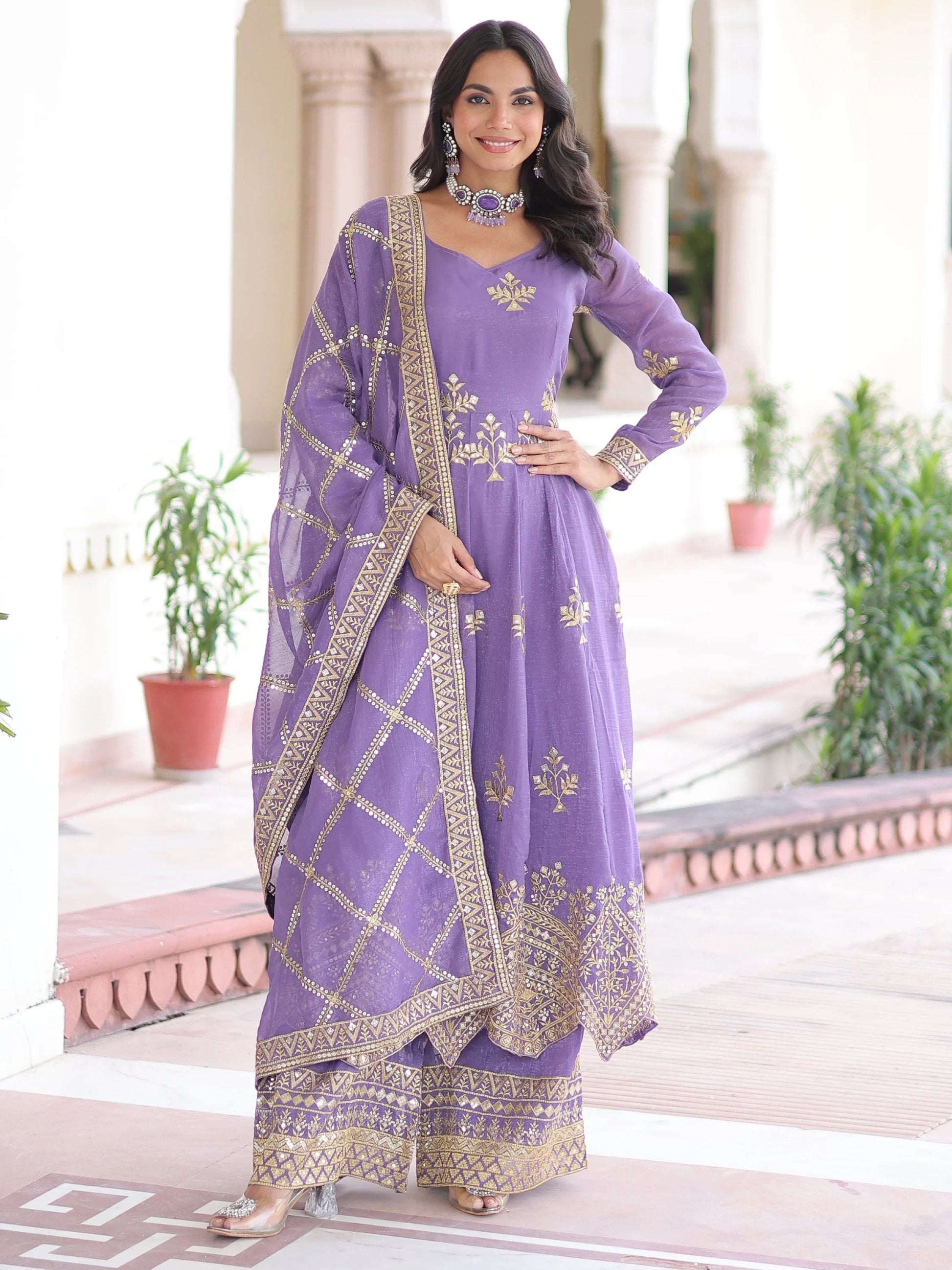 Gorgeous Lavender Sequins Work Organza Wedding Wear Palazzo Suit With Dupatta