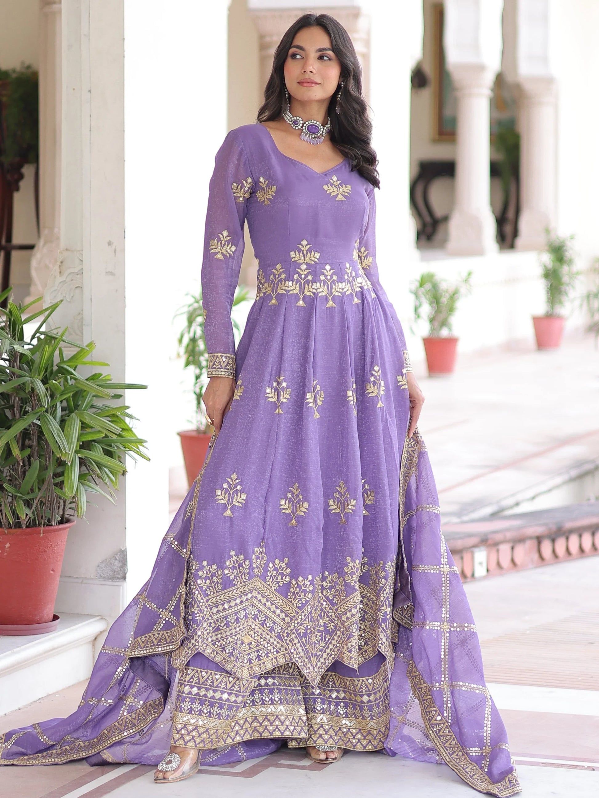 Gorgeous Lavender Sequins Work Organza Wedding Wear Palazzo Suit With Dupatta