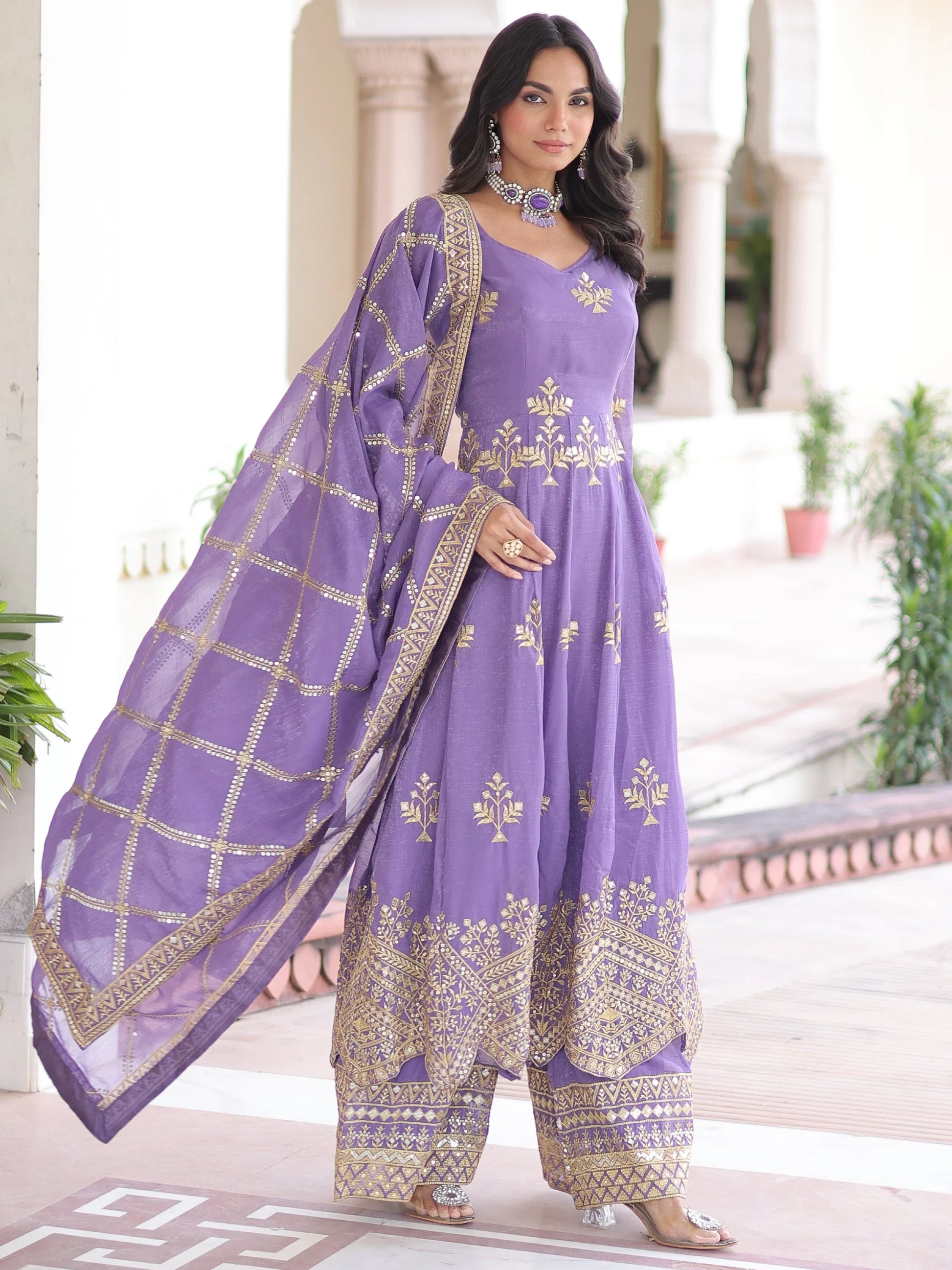 Gorgeous Lavender Sequins Work Organza Wedding Wear Palazzo Suit With Dupatta