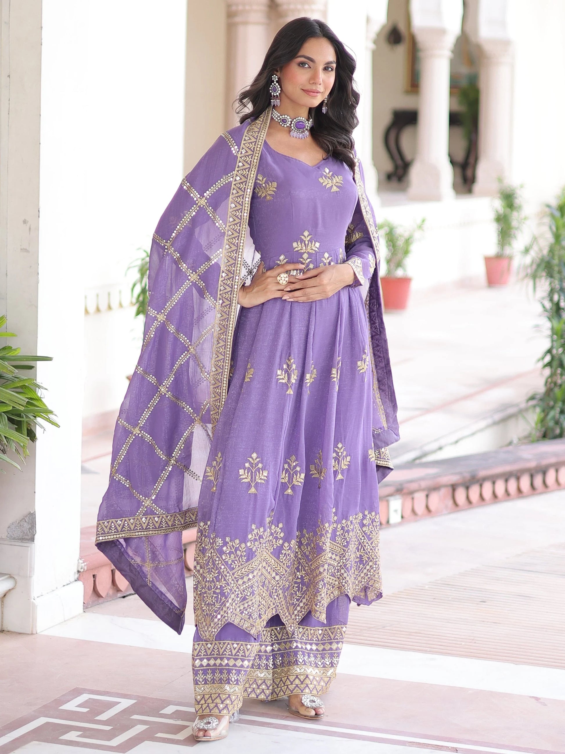 Gorgeous Lavender Sequins Work Organza Wedding Wear Palazzo Suit With Dupatta