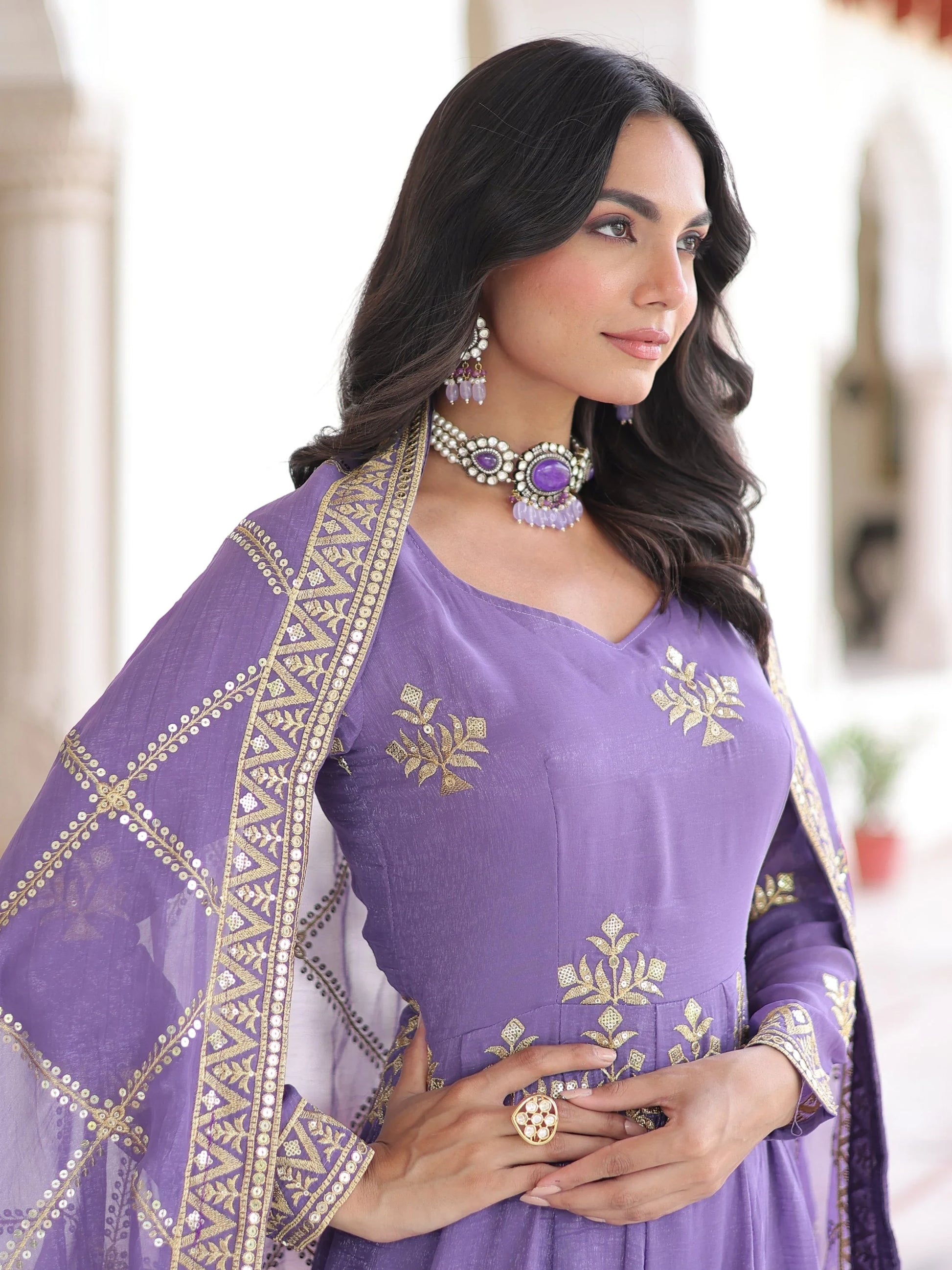 Gorgeous Lavender Sequins Work Organza Wedding Wear Palazzo Suit With Dupatta