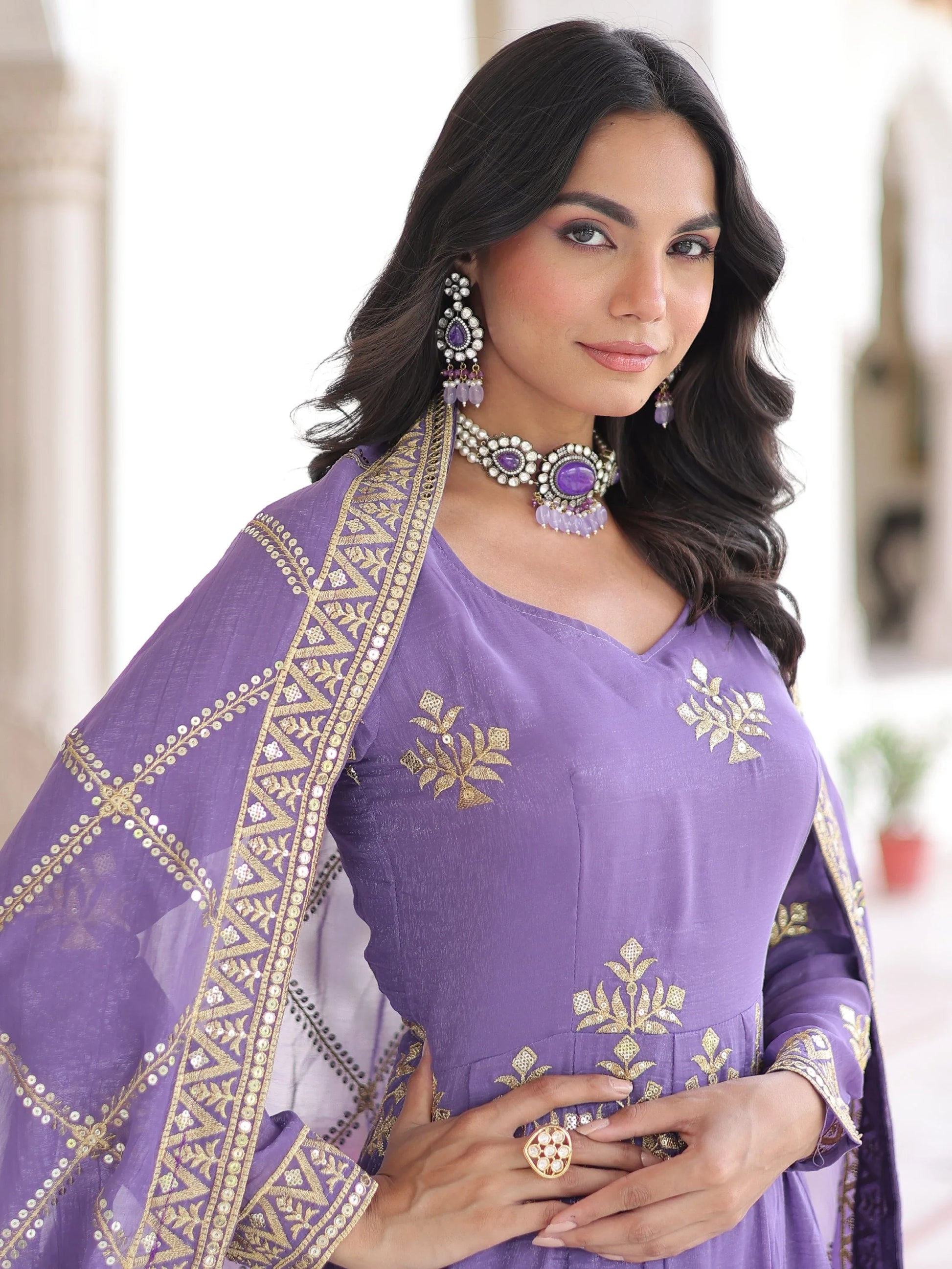 Gorgeous Lavender Sequins Work Organza Wedding Wear Palazzo Suit With Dupatta
