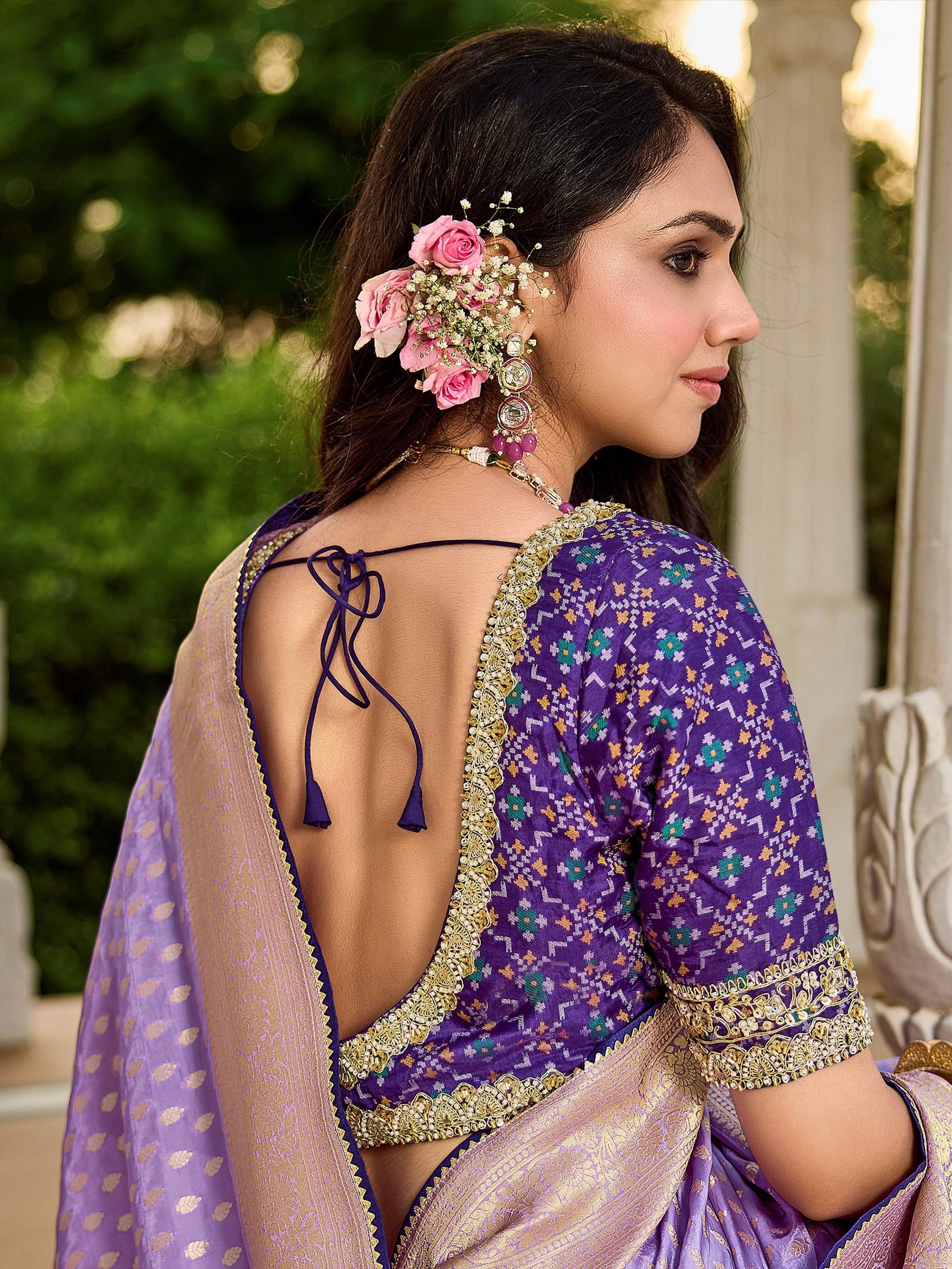 Gorgeous Lavender Zari Weaving Silk Engagement Wear Saree With Blouse