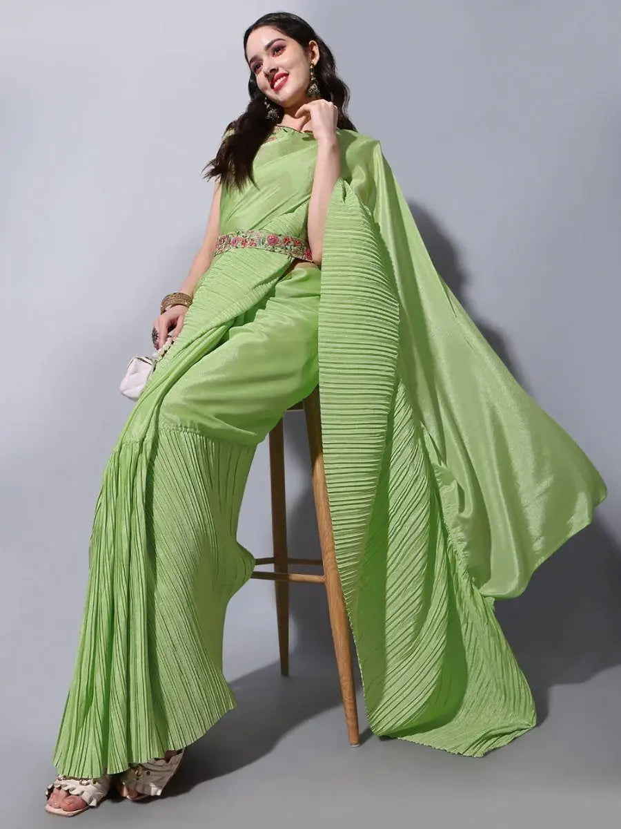 Gorgeous Light Green Chinon Crushed Saree With Embroidered Blouse - Zeel Clothing
