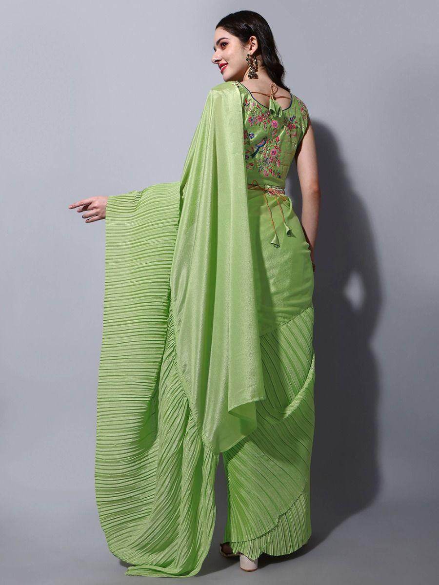 Gorgeous Light Green Chinon Crushed Saree With Embroidered Blouse - Zeel Clothing