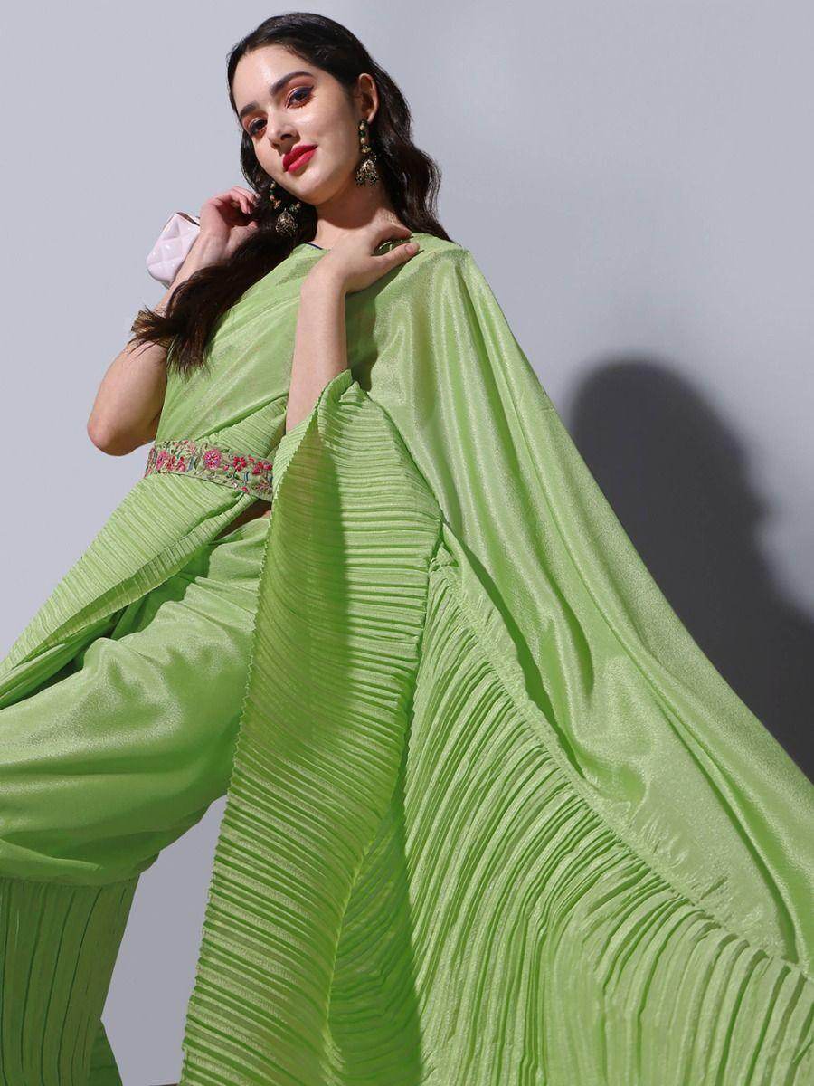 Gorgeous Light Green Chinon Crushed Saree With Embroidered Blouse - Zeel Clothing