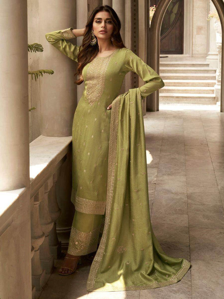 Gorgeous Light Green Embroidered Silk Wedding Wear Palazzo Suit - Zeel Clothing