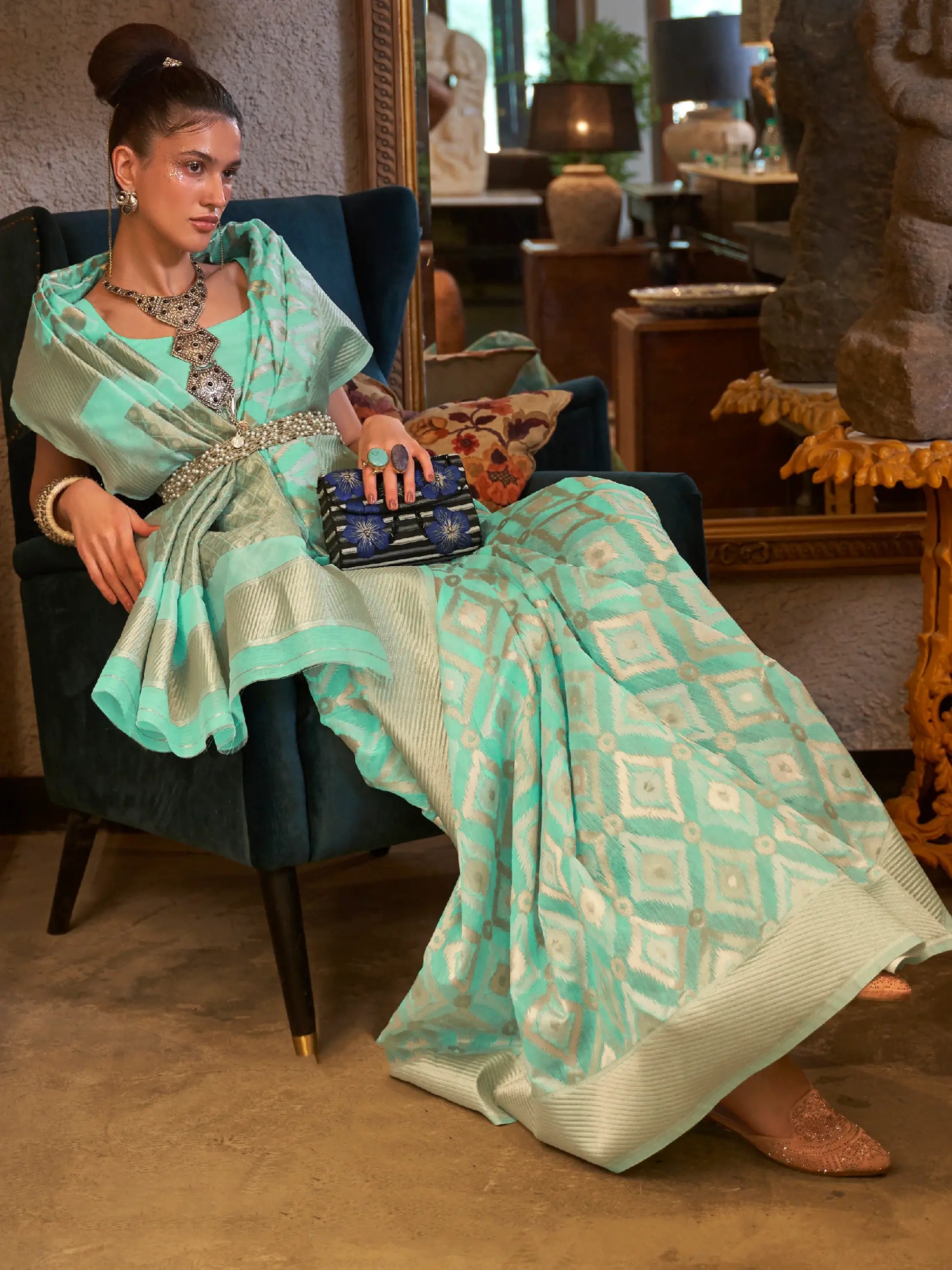 Gorgeous Light Green Zari Weaving Linen Festival Wear Saree - Zeel Clothing