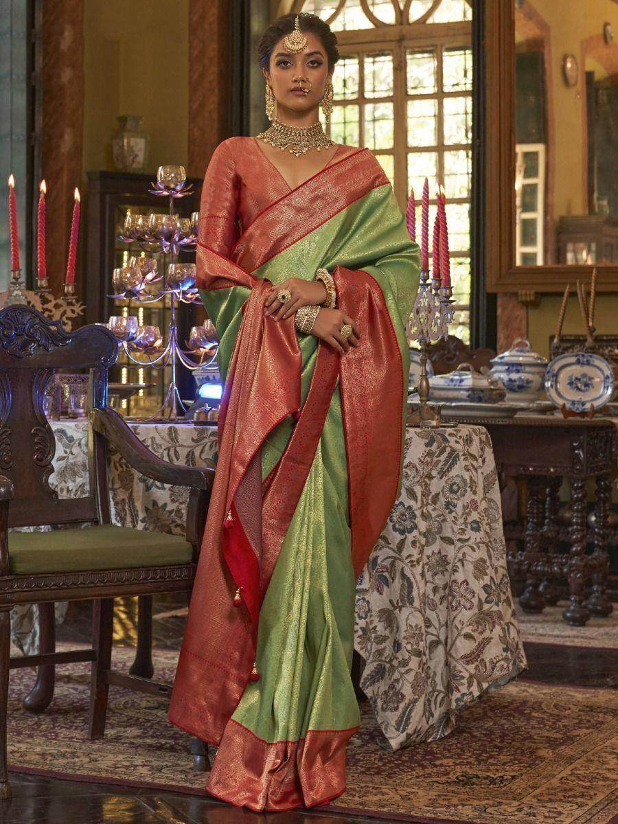Gorgeous Light Green Zari Woven Kanjivaram Silk Event Wear Saree - Zeel Clothing