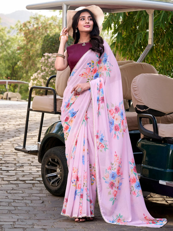 Gorgeous Light Pink Floral Printed Crepe Event Wear Saree With Blouse - Zeel Clothing