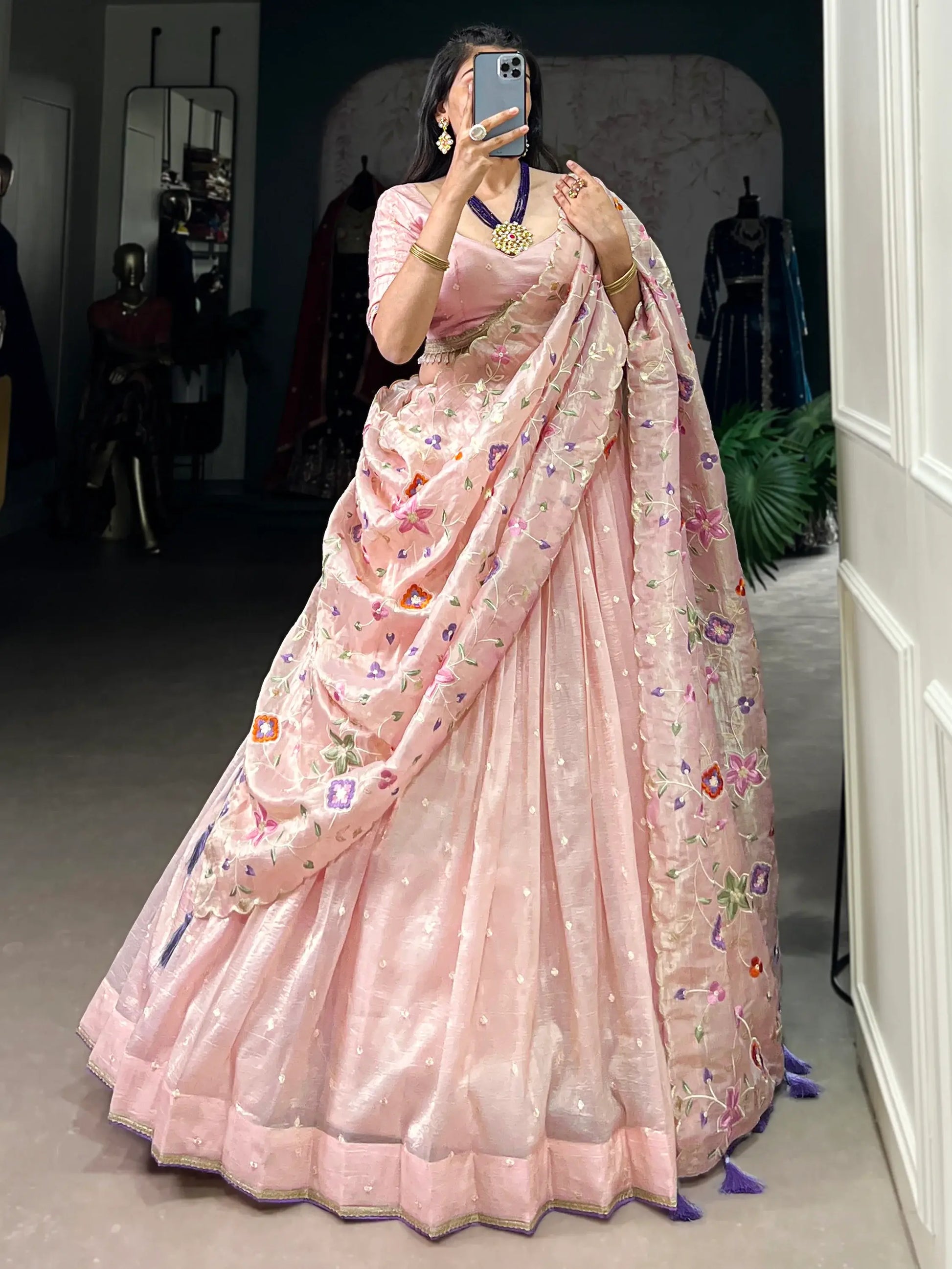 Gorgeous Light Pink Thread Embroidered Crush Silk Wedding Lehenga Choli - Zeel Clothing