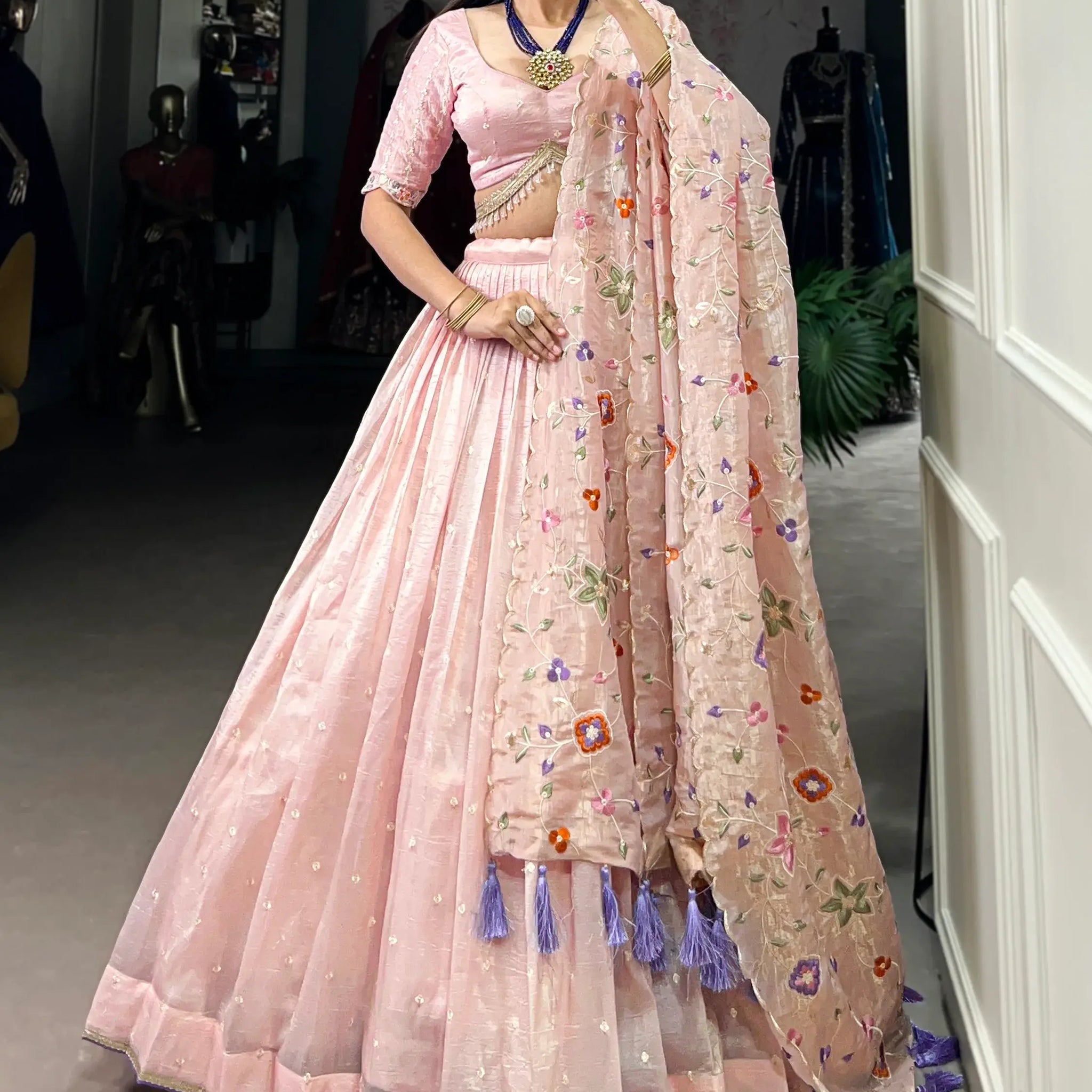 Gorgeous Light Pink Thread Embroidered Crush Silk Wedding Lehenga Choli - Zeel Clothing