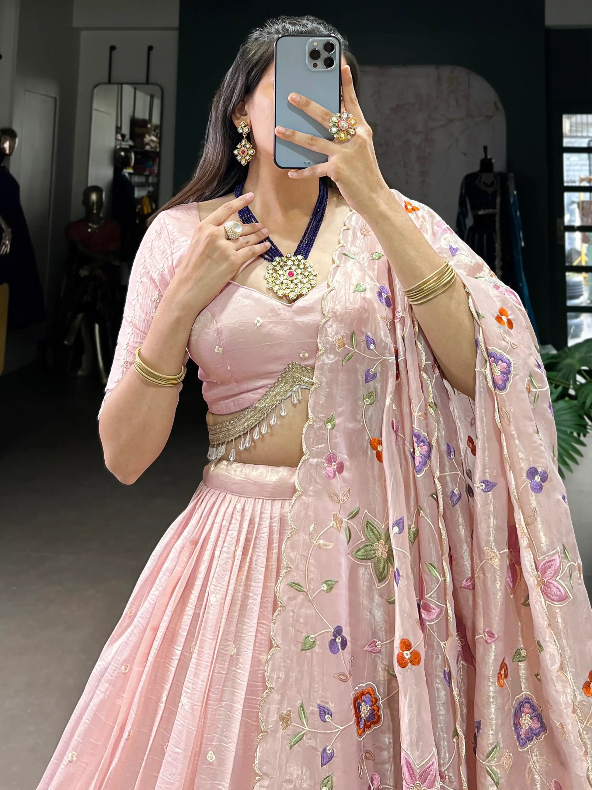 Gorgeous Light Pink Thread Embroidered Crush Silk Wedding Lehenga Choli - Zeel Clothing