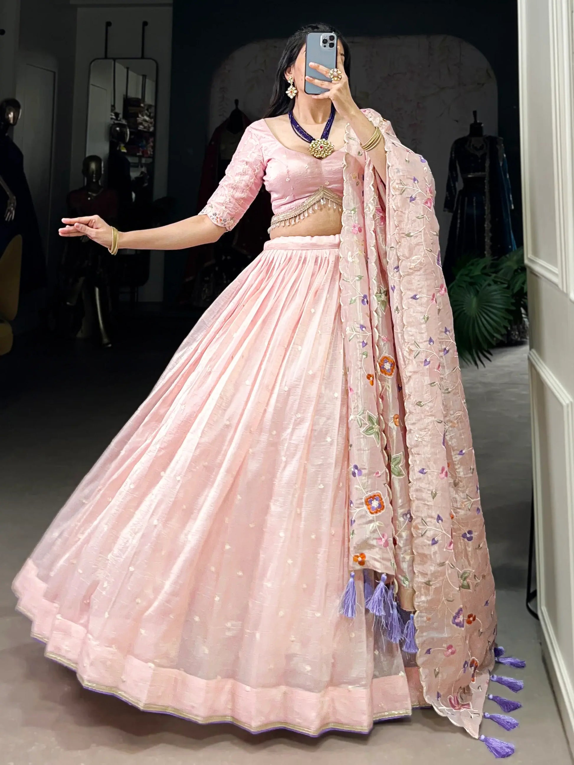 Gorgeous Light Pink Thread Embroidered Crush Silk Wedding Lehenga Choli - Zeel Clothing