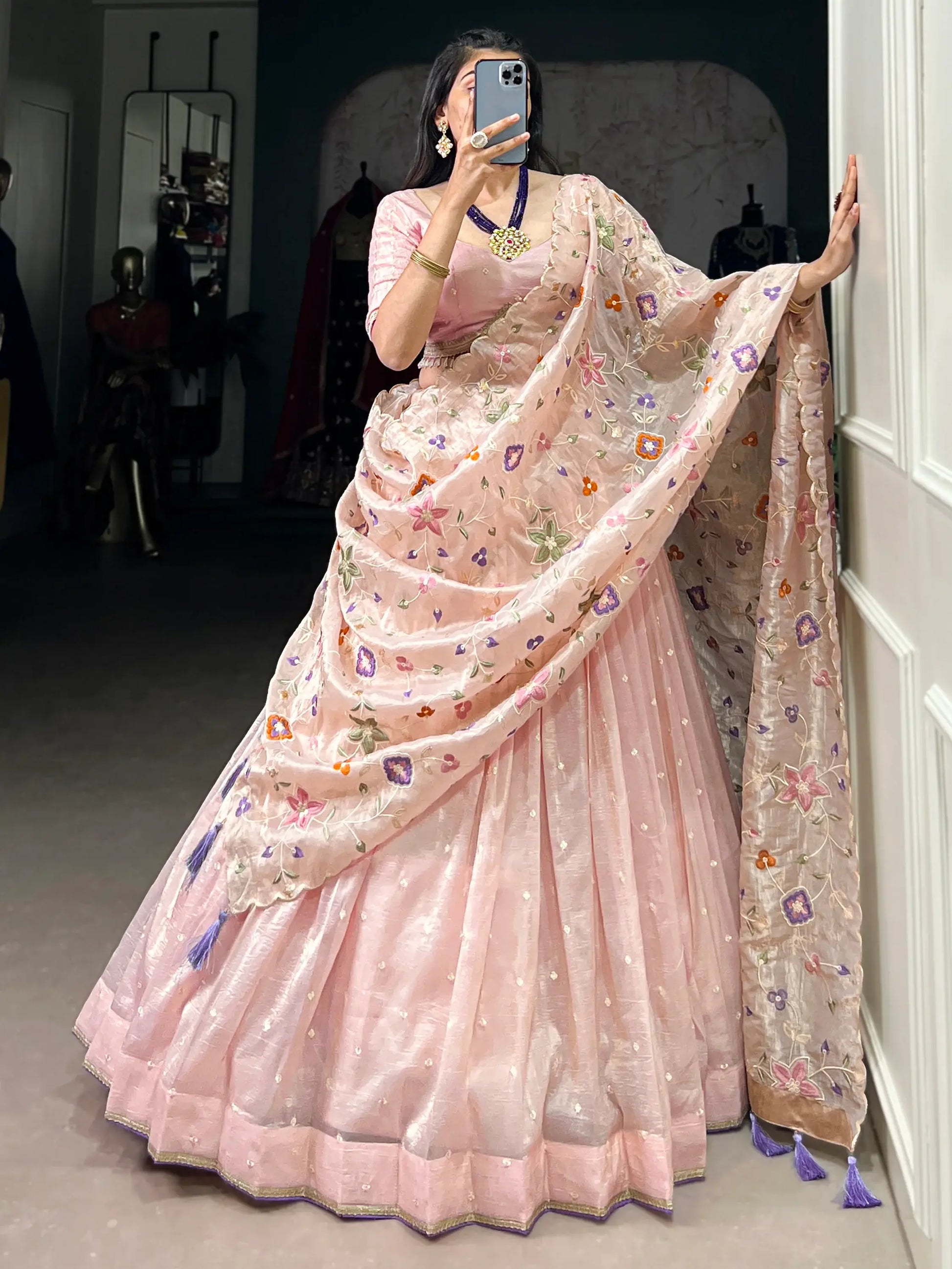 Gorgeous Light Pink Thread Embroidered Crush Silk Wedding Lehenga Choli - Zeel Clothing