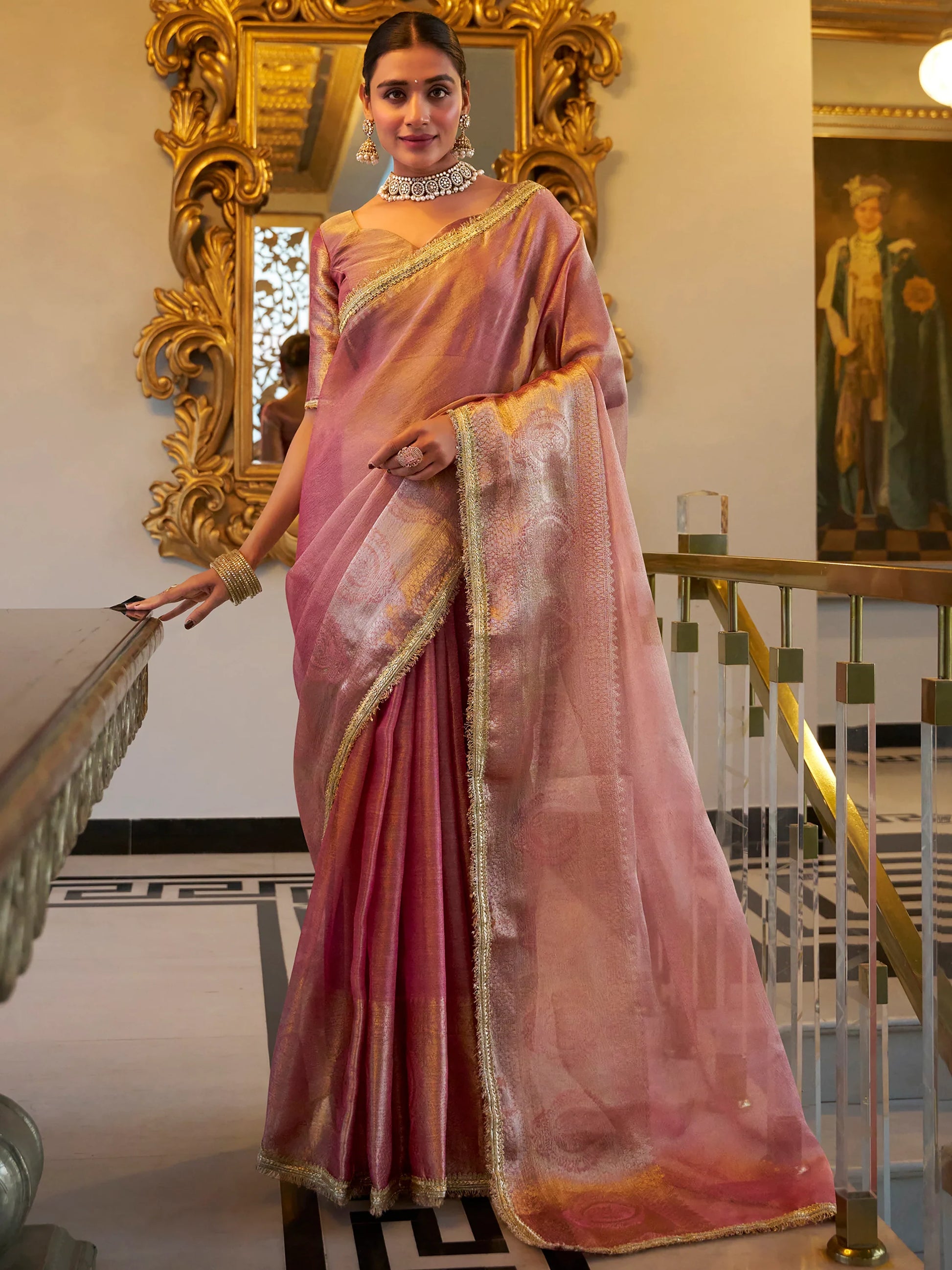 Gorgeous Light Pink Zari Weaving Tissue Silk Saree With Blouse - Zeel Clothing