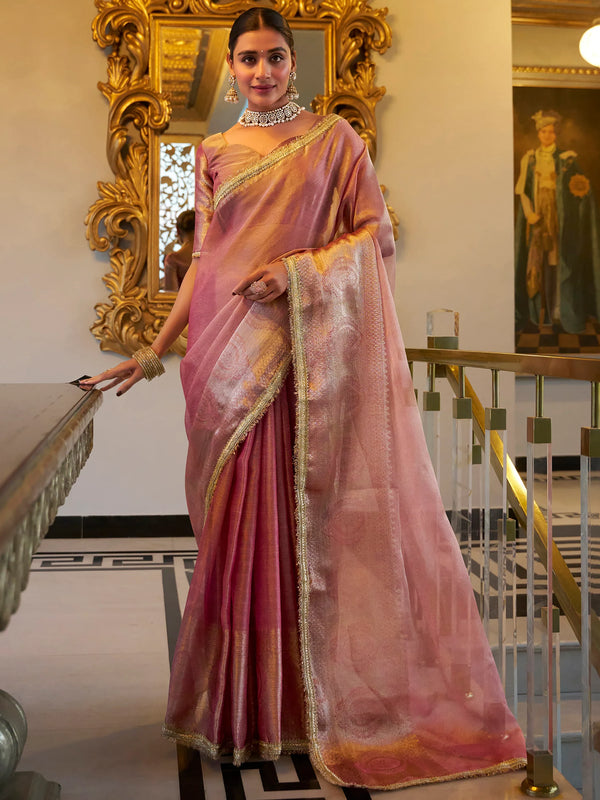 Gorgeous Light Pink Zari Weaving Tissue Silk Saree With Blouse - Zeel Clothing