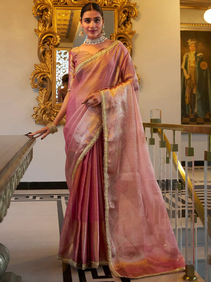 Gorgeous Light Pink Zari Weaving Tissue Silk Saree With Blouse - Zeel Clothing
