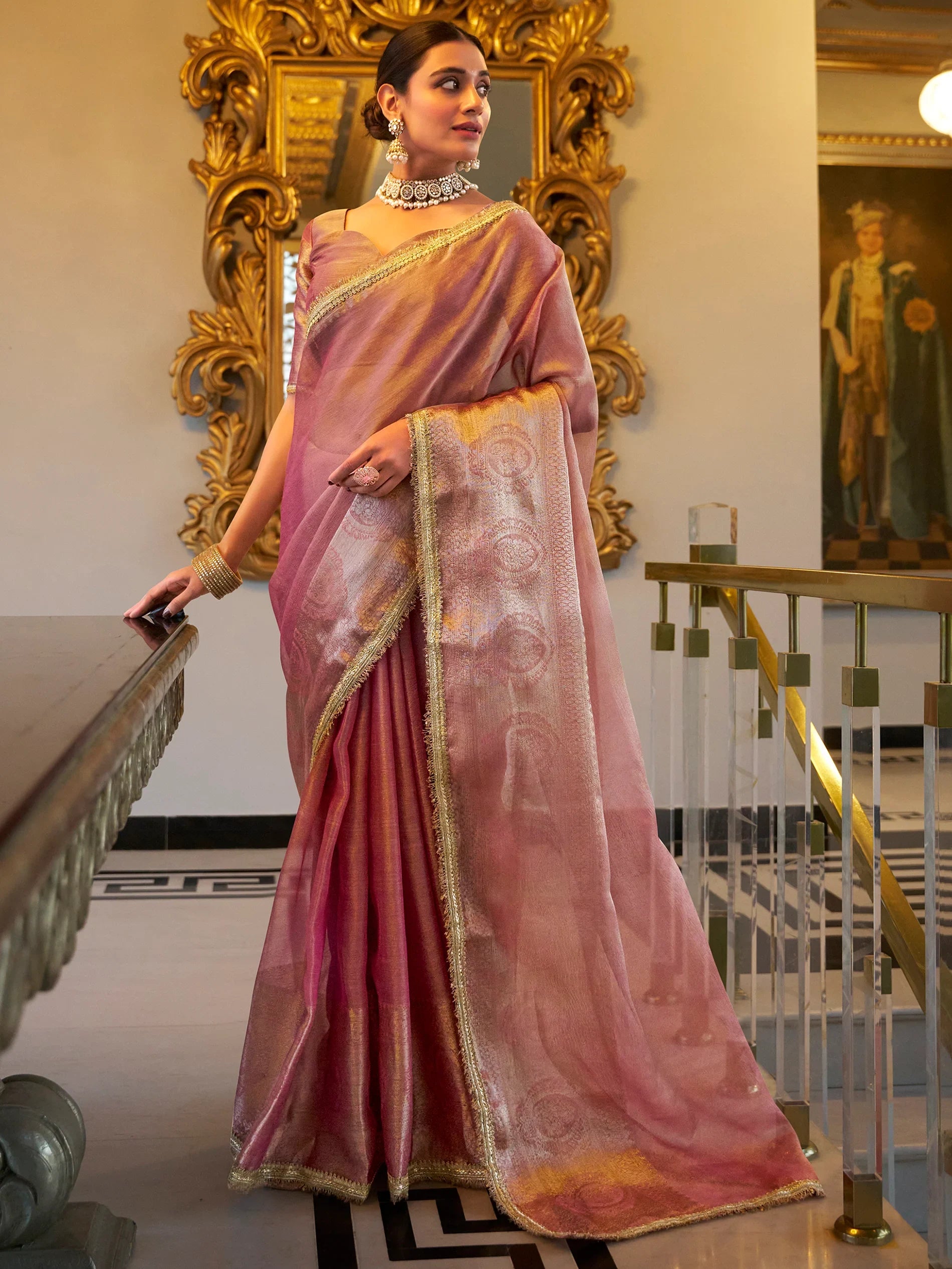 Gorgeous Light Pink Zari Weaving Tissue Silk Saree With Blouse - Zeel Clothing