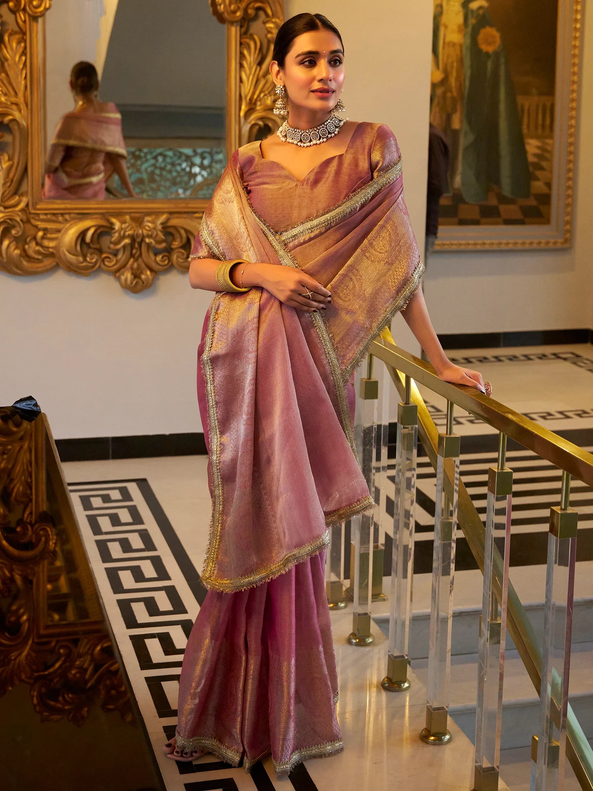 Gorgeous Light Pink Zari Weaving Tissue Silk Saree With Blouse - Zeel Clothing