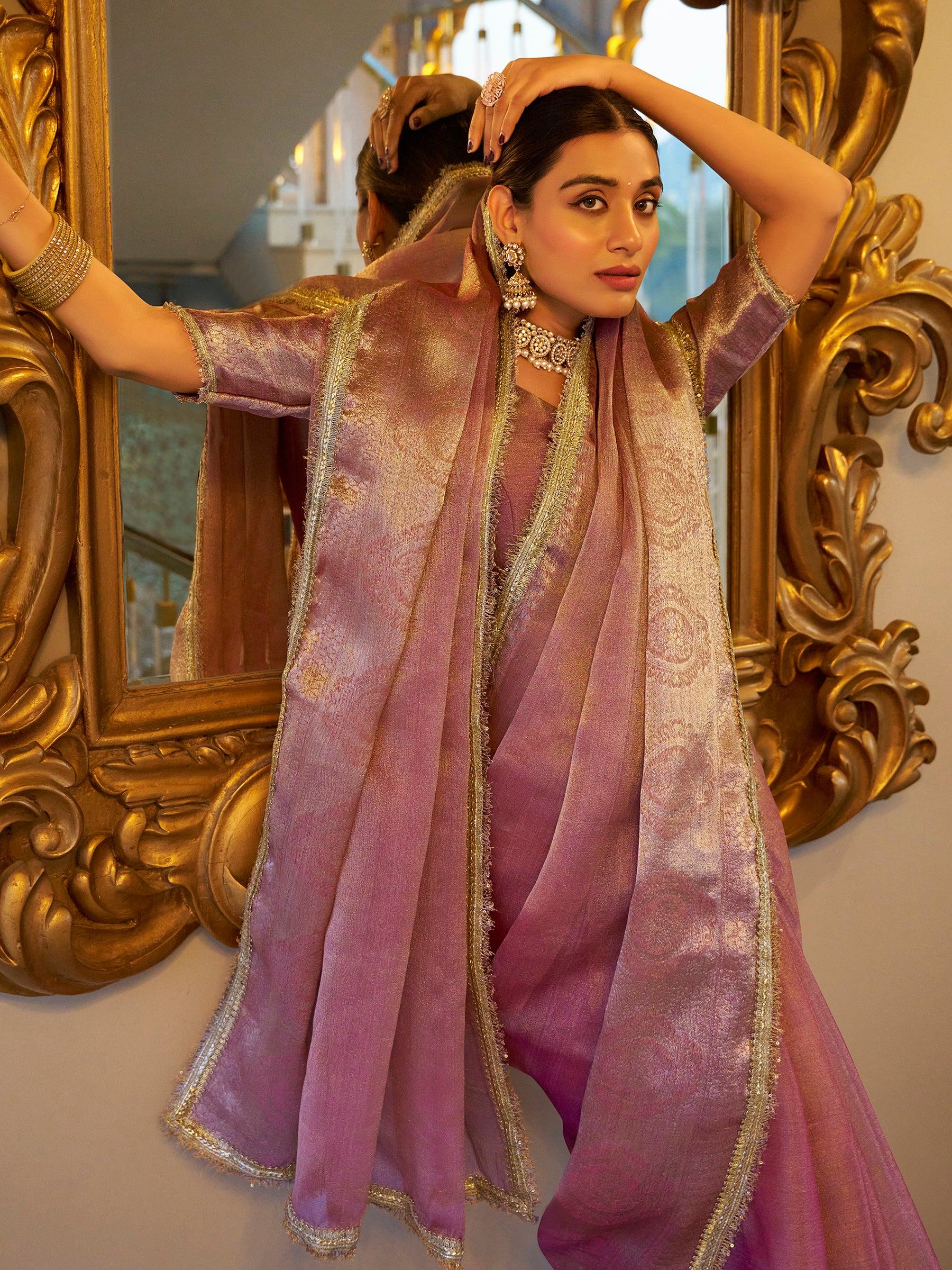 Gorgeous Light Pink Zari Weaving Tissue Silk Saree With Blouse - Zeel Clothing