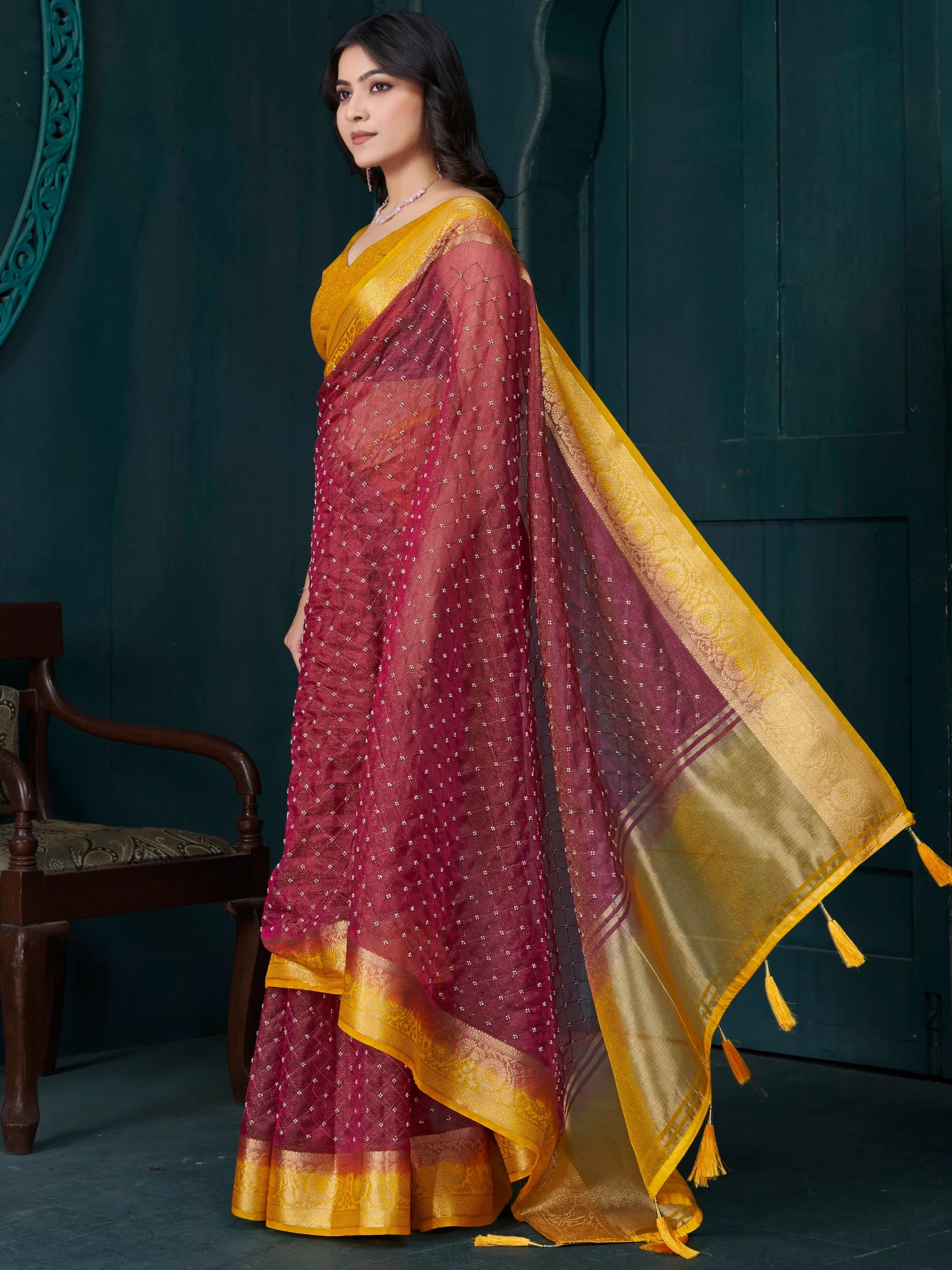 Gorgeous Maroon Bead Work Jacquard Traditional Saree With Blouse - Zeel Clothing