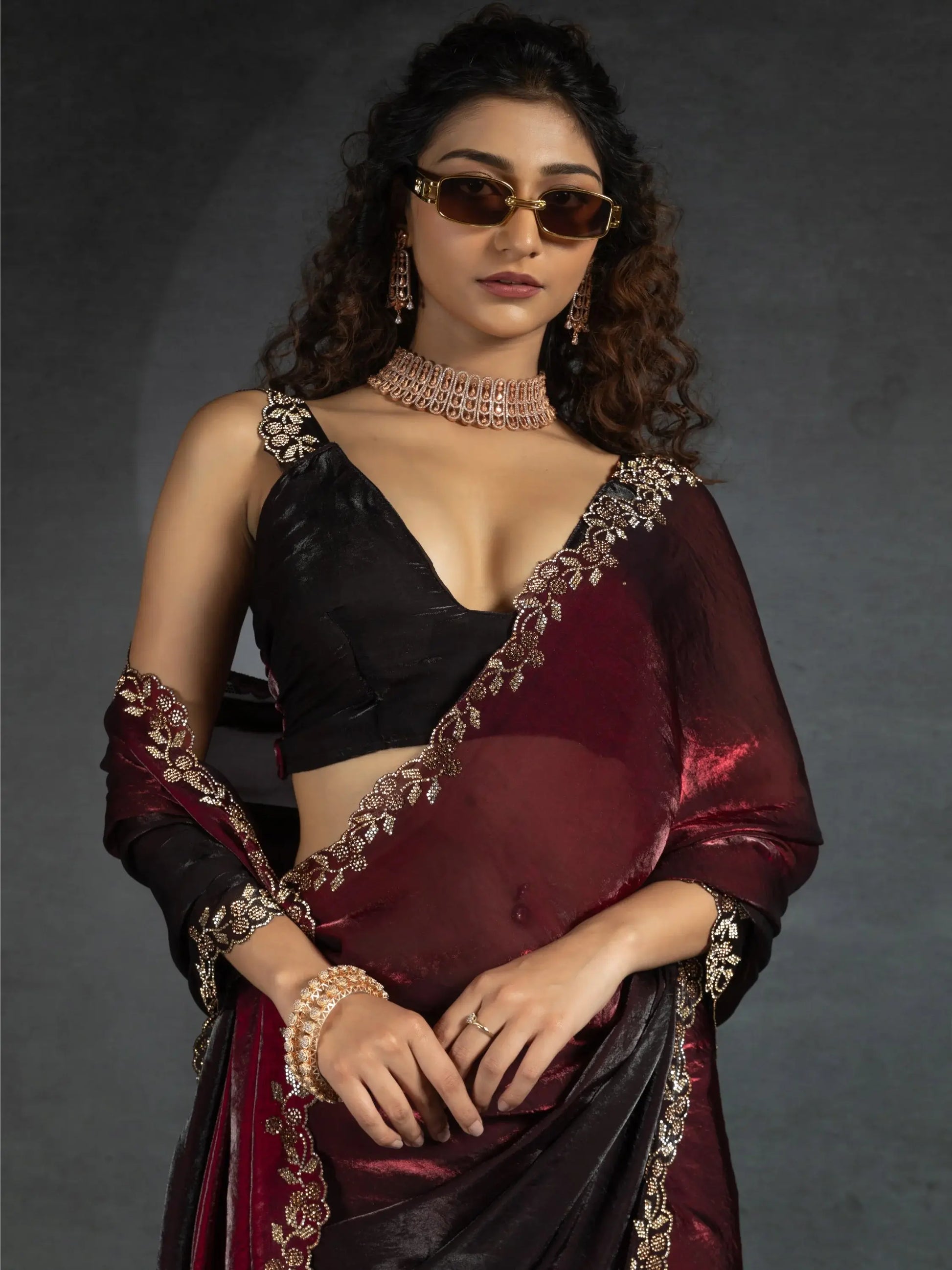 Gorgeous Maroon Diamond Work Satin Designer Saree With Blouse - Zeel Clothing