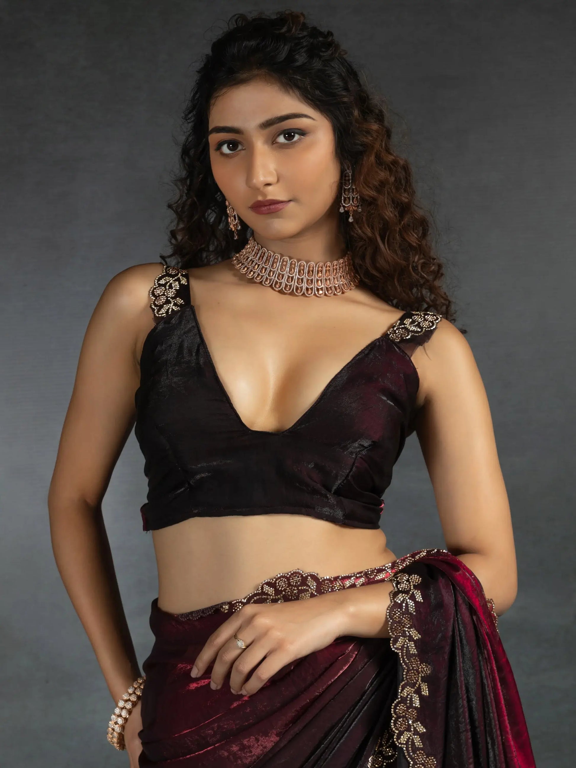 Gorgeous Maroon Diamond Work Satin Designer Saree With Blouse - Zeel Clothing